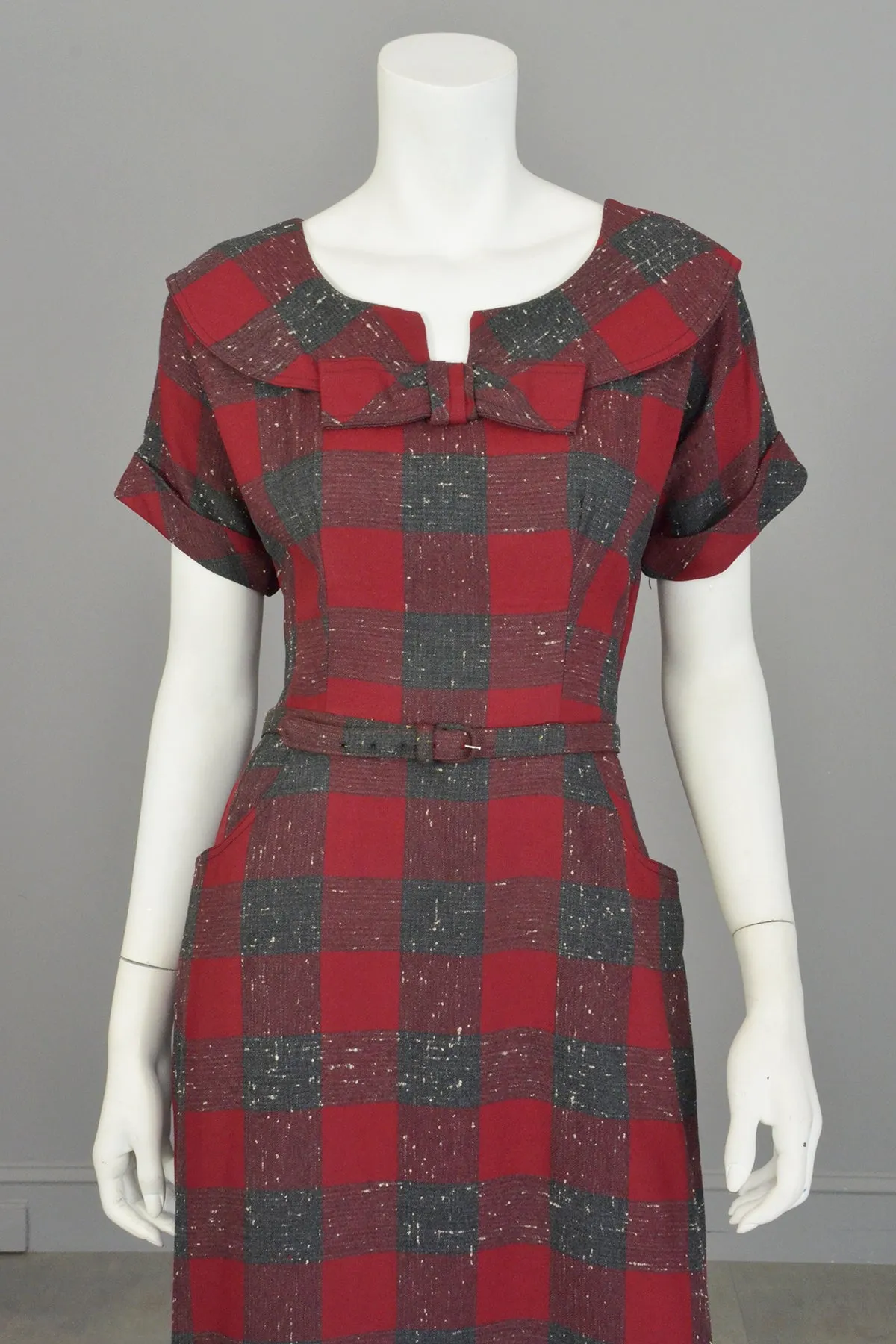 1940s 50s Red Wine Gray Plaid Wiggle Secretary Dress