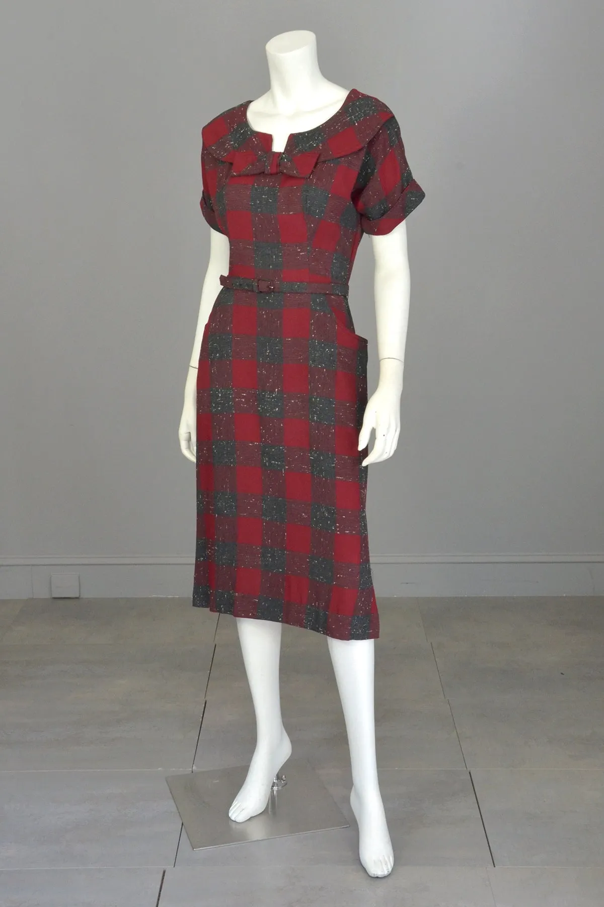 1940s 50s Red Wine Gray Plaid Wiggle Secretary Dress