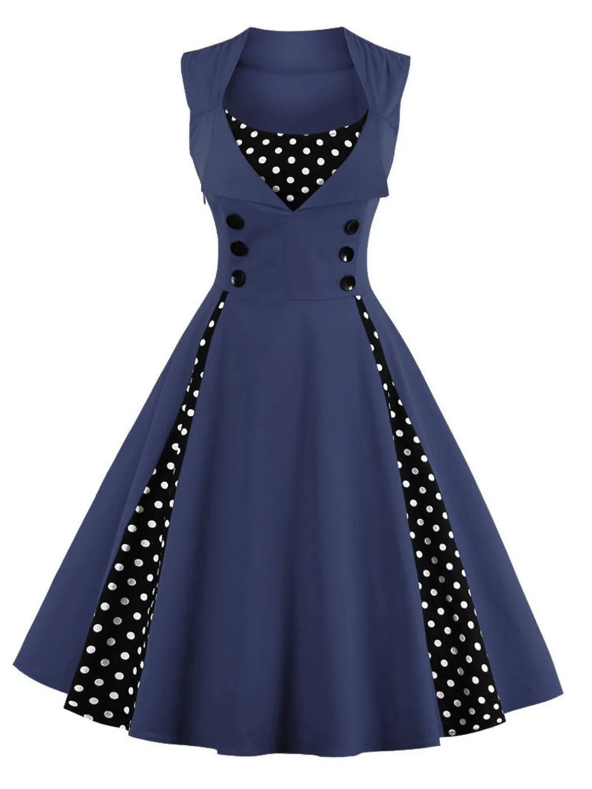 1950s Polka Dots Lapel Patchwork Swing Dress