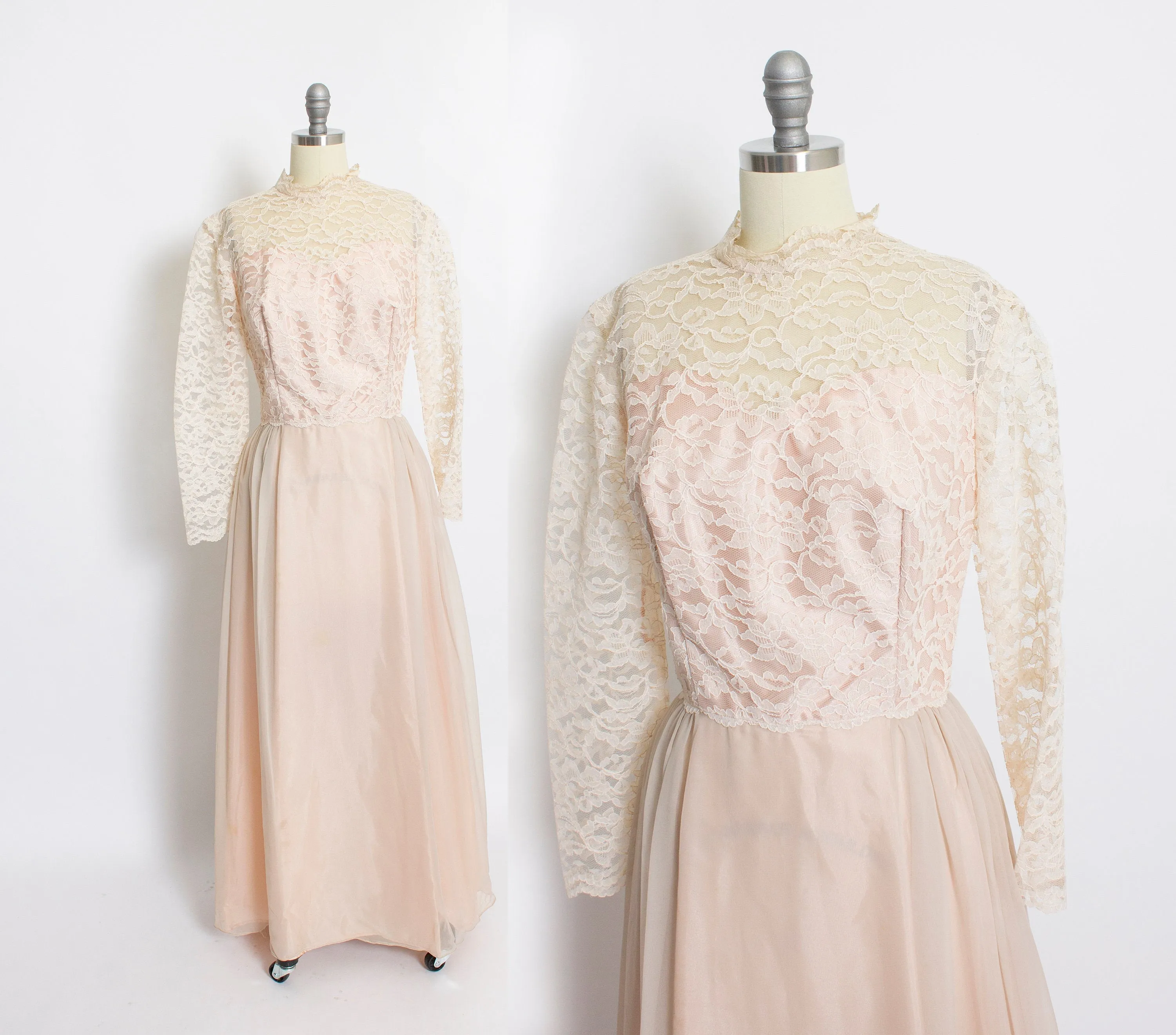 1960s Dress Nude Chiffon Lace Illusion Maxi GownMedium