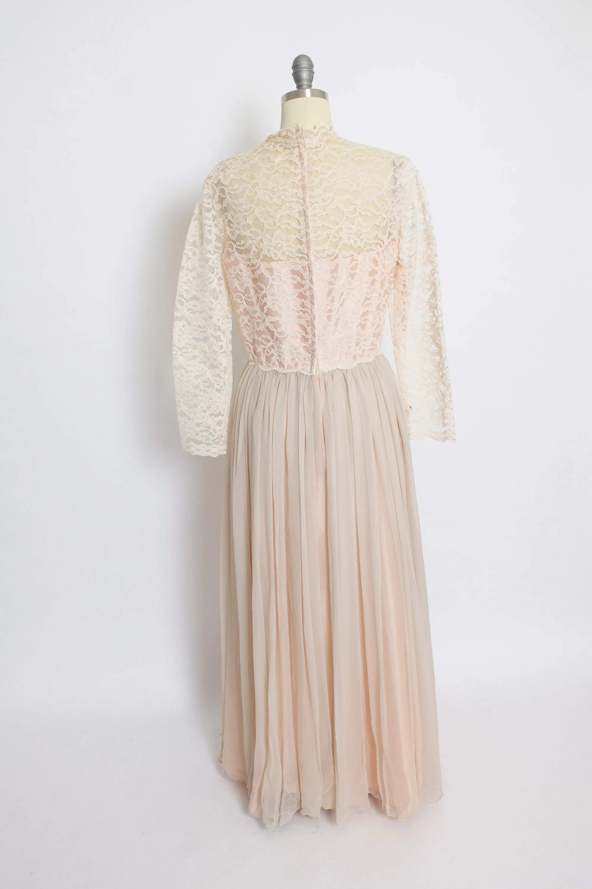 1960s Dress Nude Chiffon Lace Illusion Maxi GownMedium