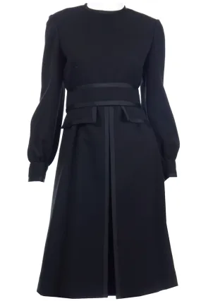 1960s Geoffrey Beene Black Dress With Pleated Details & Wide Belt