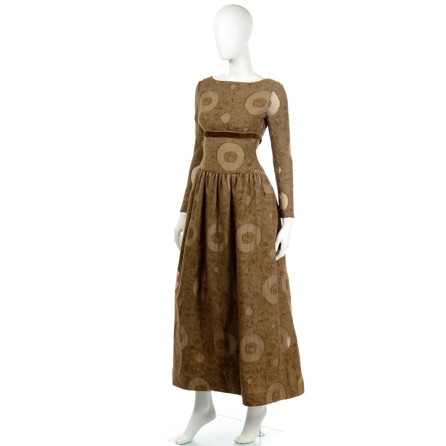 1970s Bill Blass Vintage Brown Circle Print Silk Dress w/ Velvet Ribbon