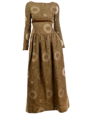 1970s Bill Blass Vintage Brown Circle Print Silk Dress w/ Velvet Ribbon