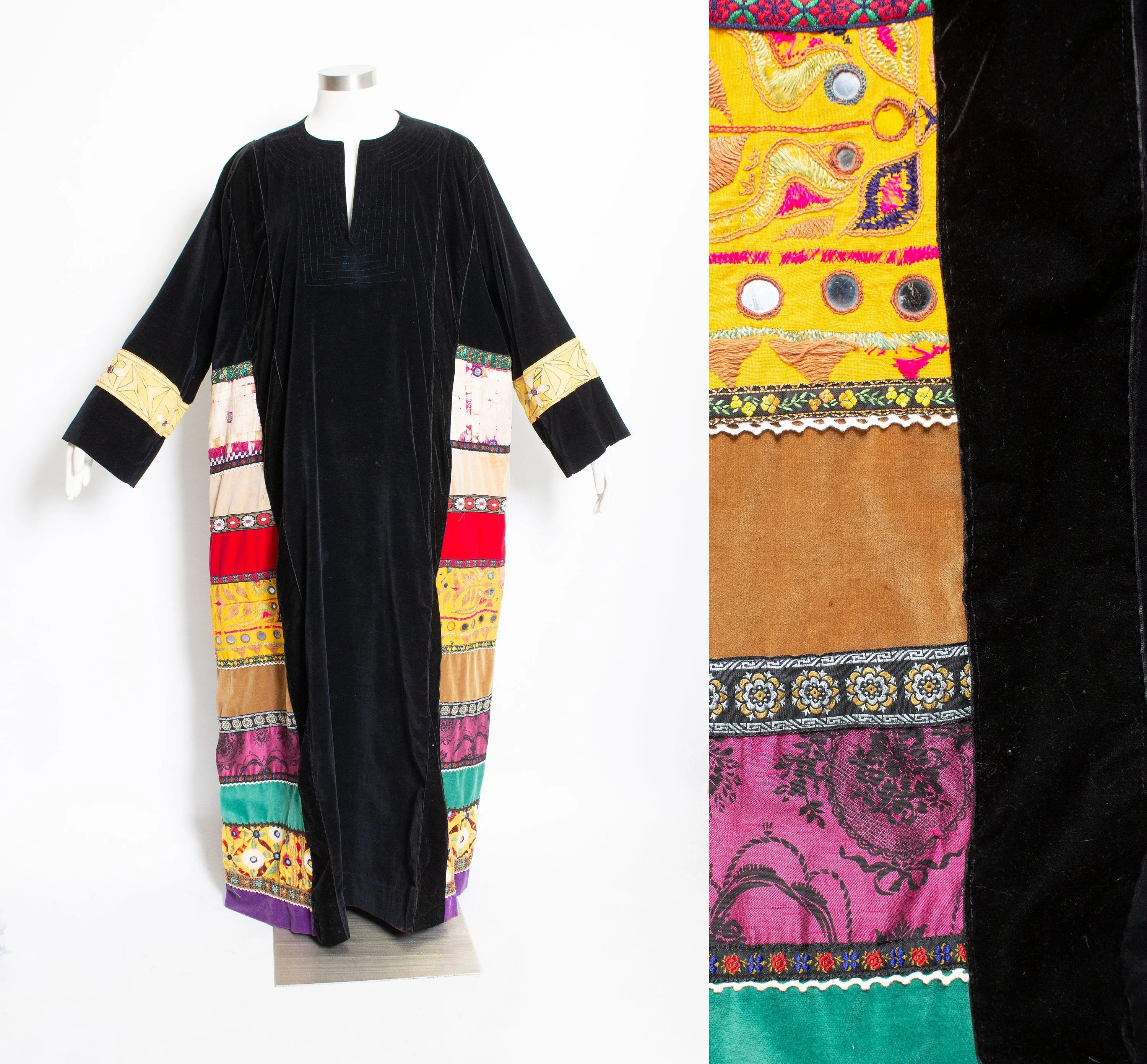 1970s CAFTAN Maxi Dress Velvet Patchwork XL Volup