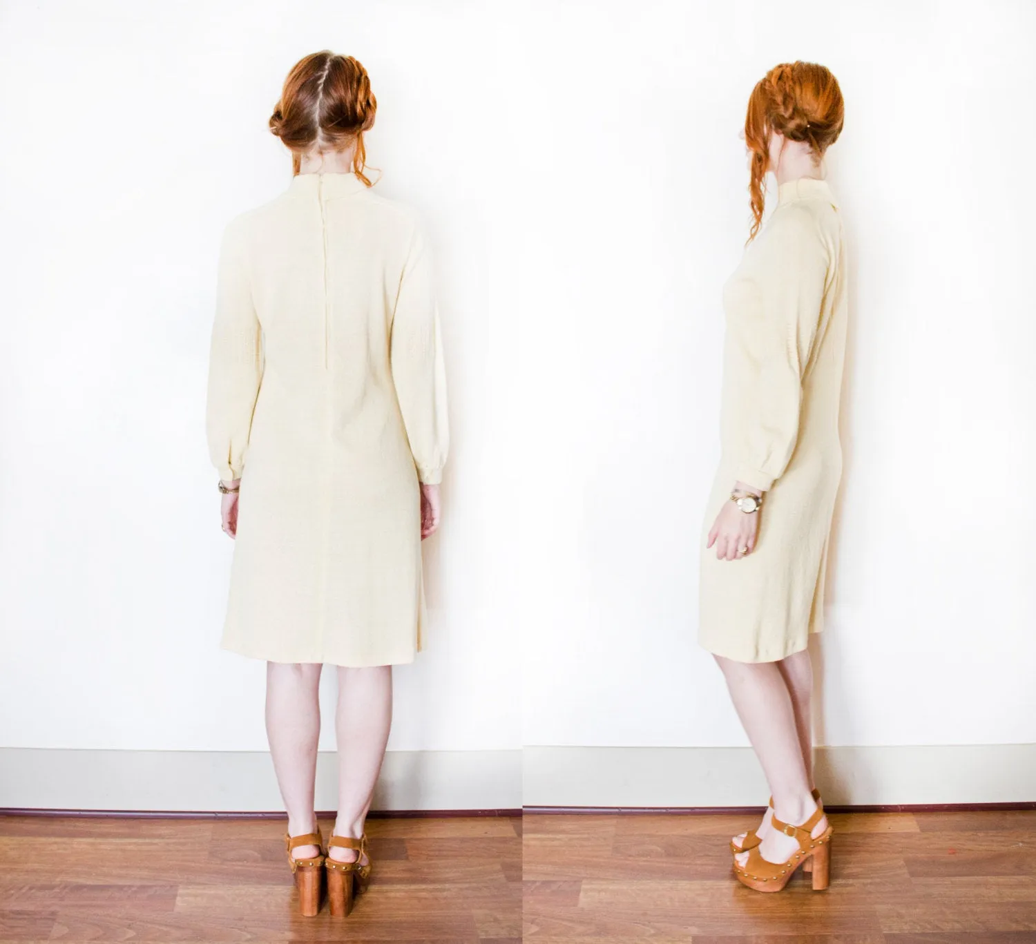 1970s Dress Wool Knit Long Sleeve Meringue M / L