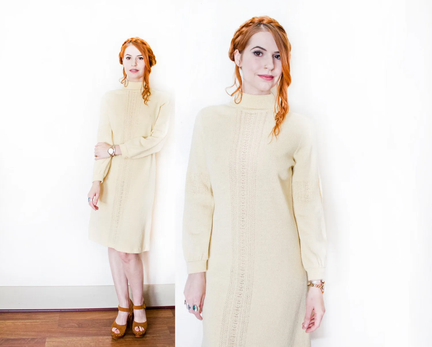 1970s Dress Wool Knit Long Sleeve Meringue M / L