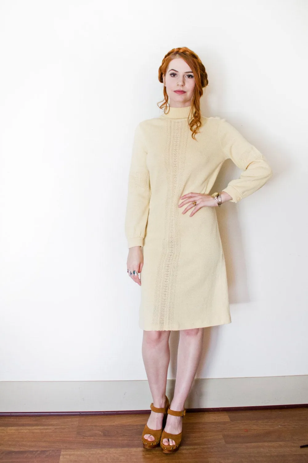 1970s Dress Wool Knit Long Sleeve Meringue M / L