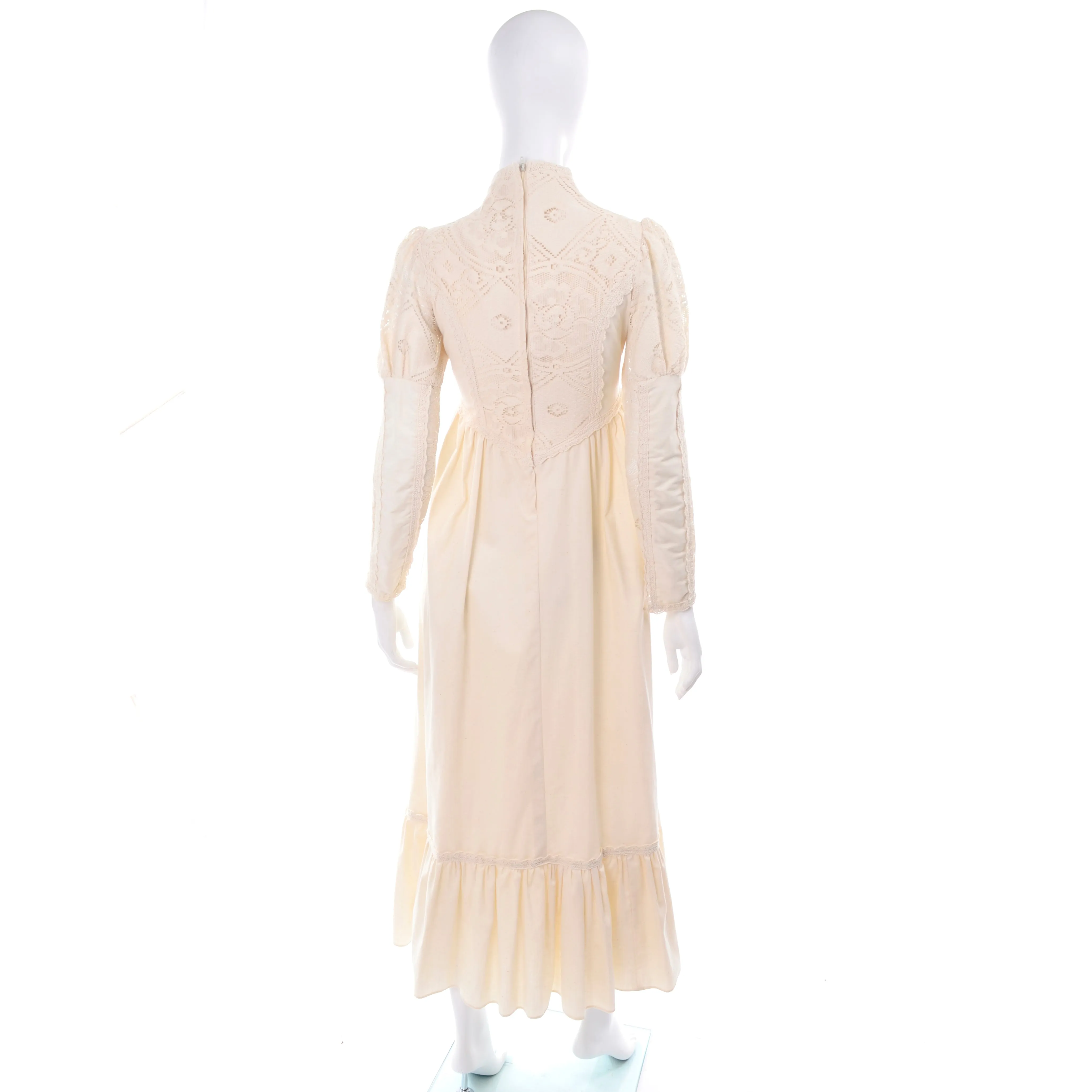 1970s Gunne Sax Cream Wedding Dress w/ Lace Leg of Mutton Sleeves