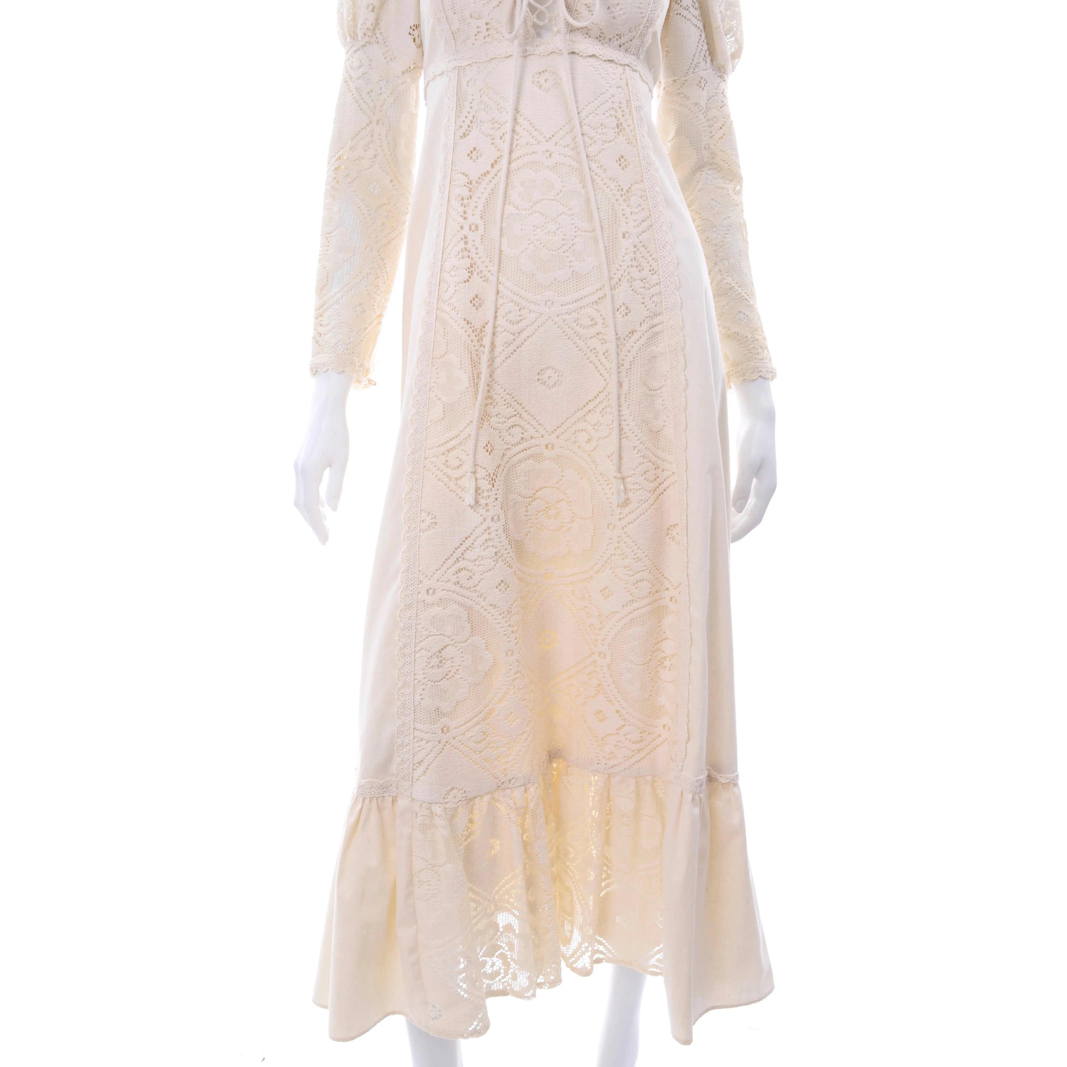 1970s Gunne Sax Cream Wedding Dress w/ Lace Leg of Mutton Sleeves