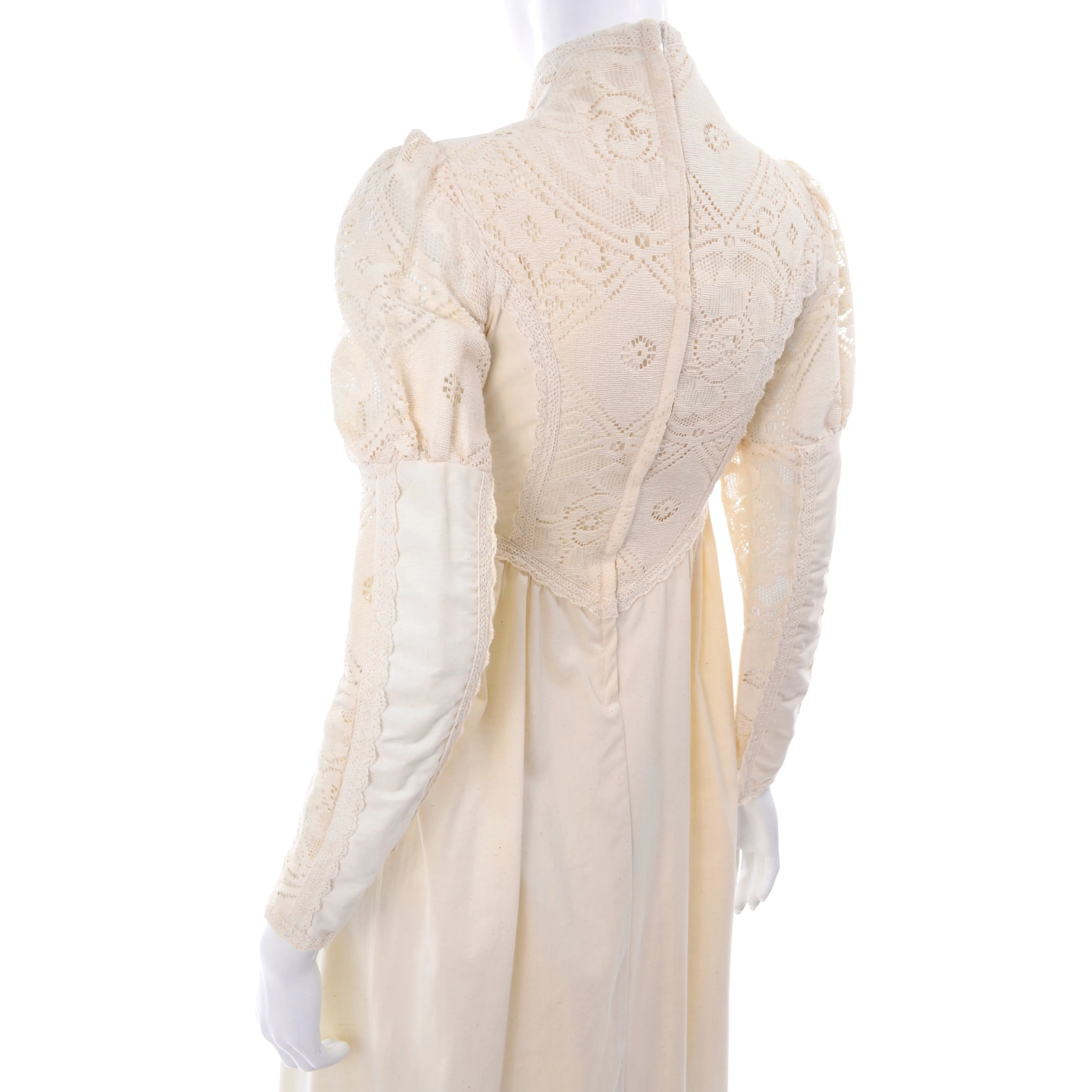 1970s Gunne Sax Cream Wedding Dress w/ Lace Leg of Mutton Sleeves