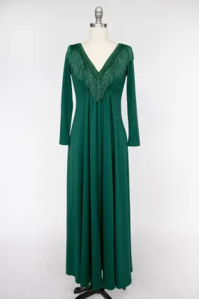 1970s Maxi Dress Green Fringe Boho Maxi S