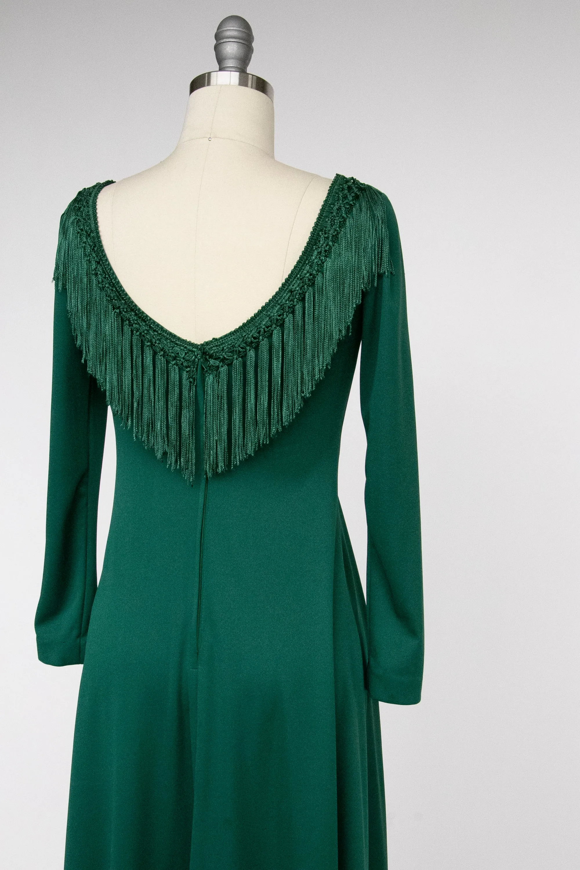 1970s Maxi Dress Green Fringe Boho Maxi S