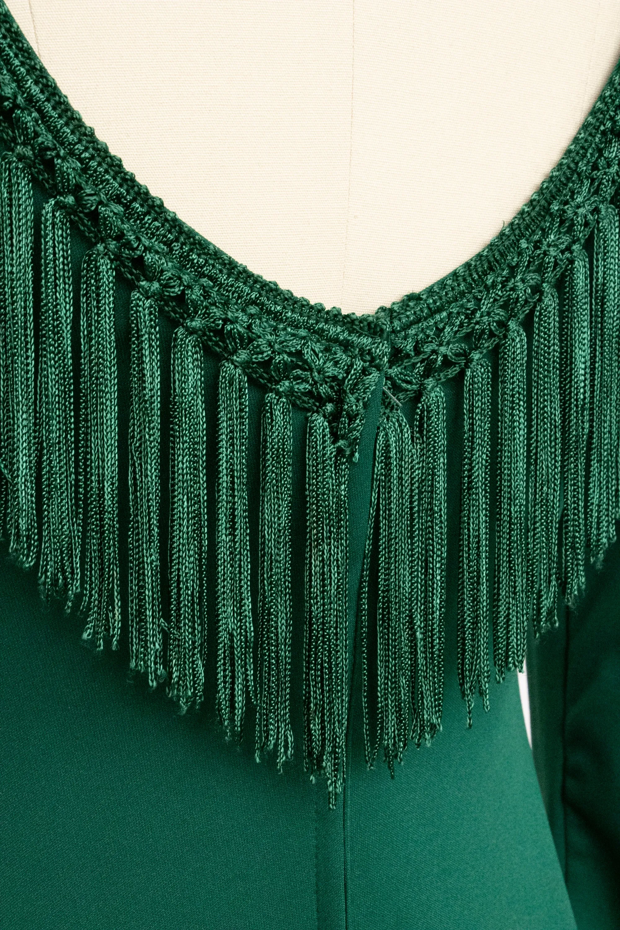 1970s Maxi Dress Green Fringe Boho Maxi S