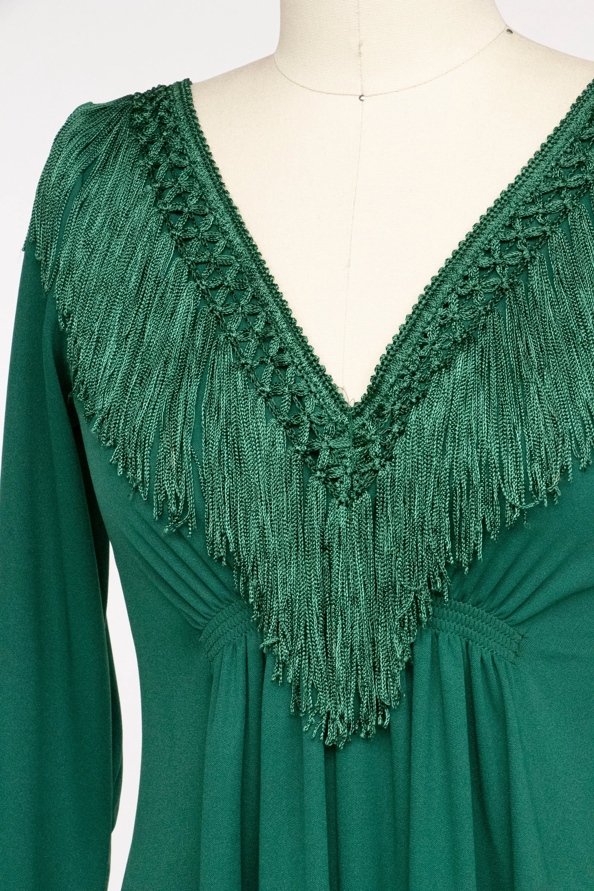 1970s Maxi Dress Green Fringe Boho Maxi S