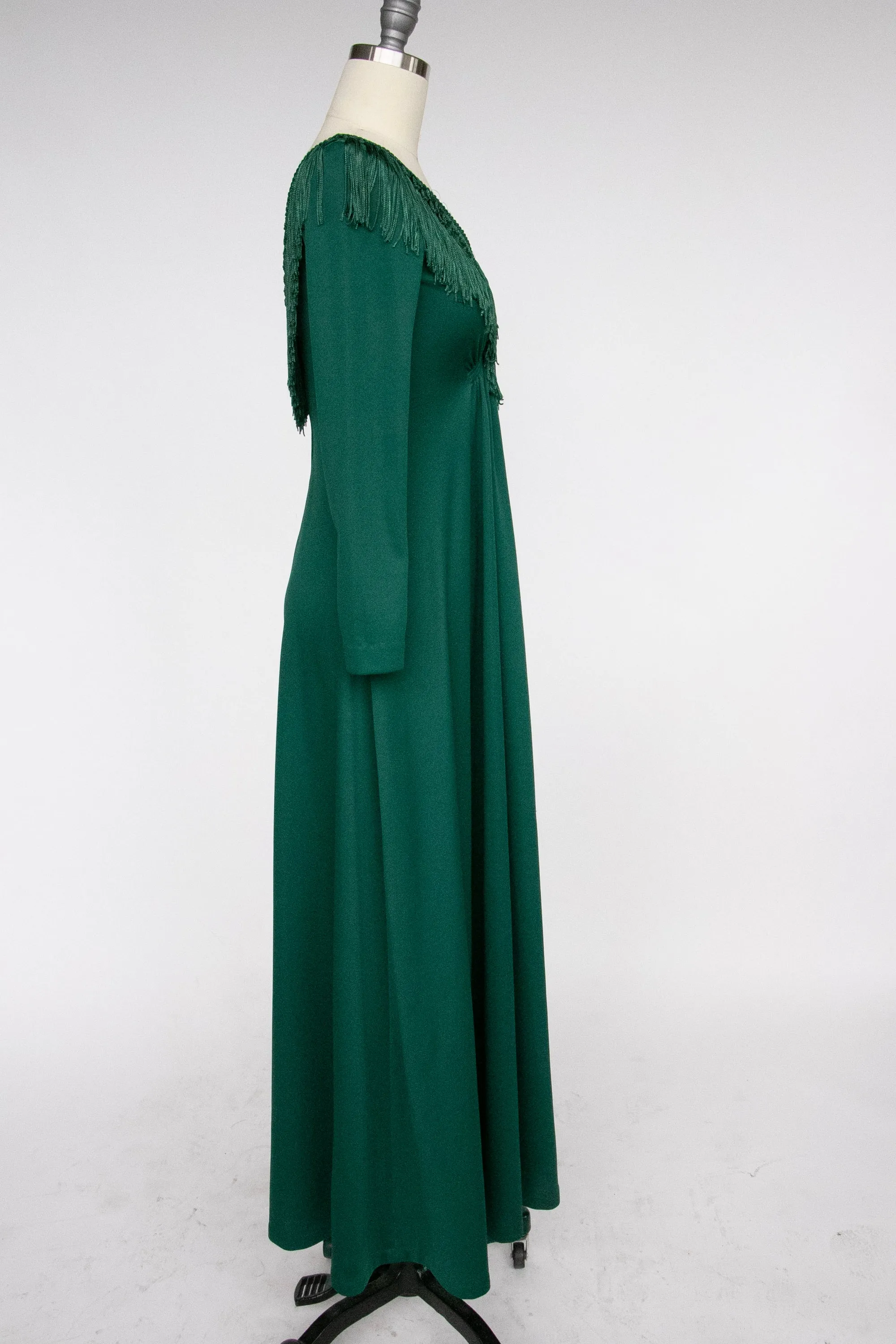 1970s Maxi Dress Green Fringe Boho Maxi S