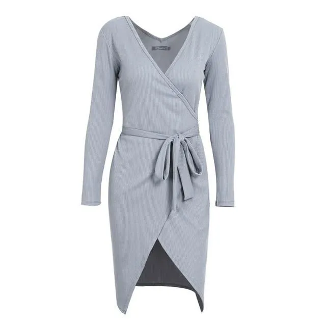 Asymmetric Wrap Ribbon Tie Knitted Dress