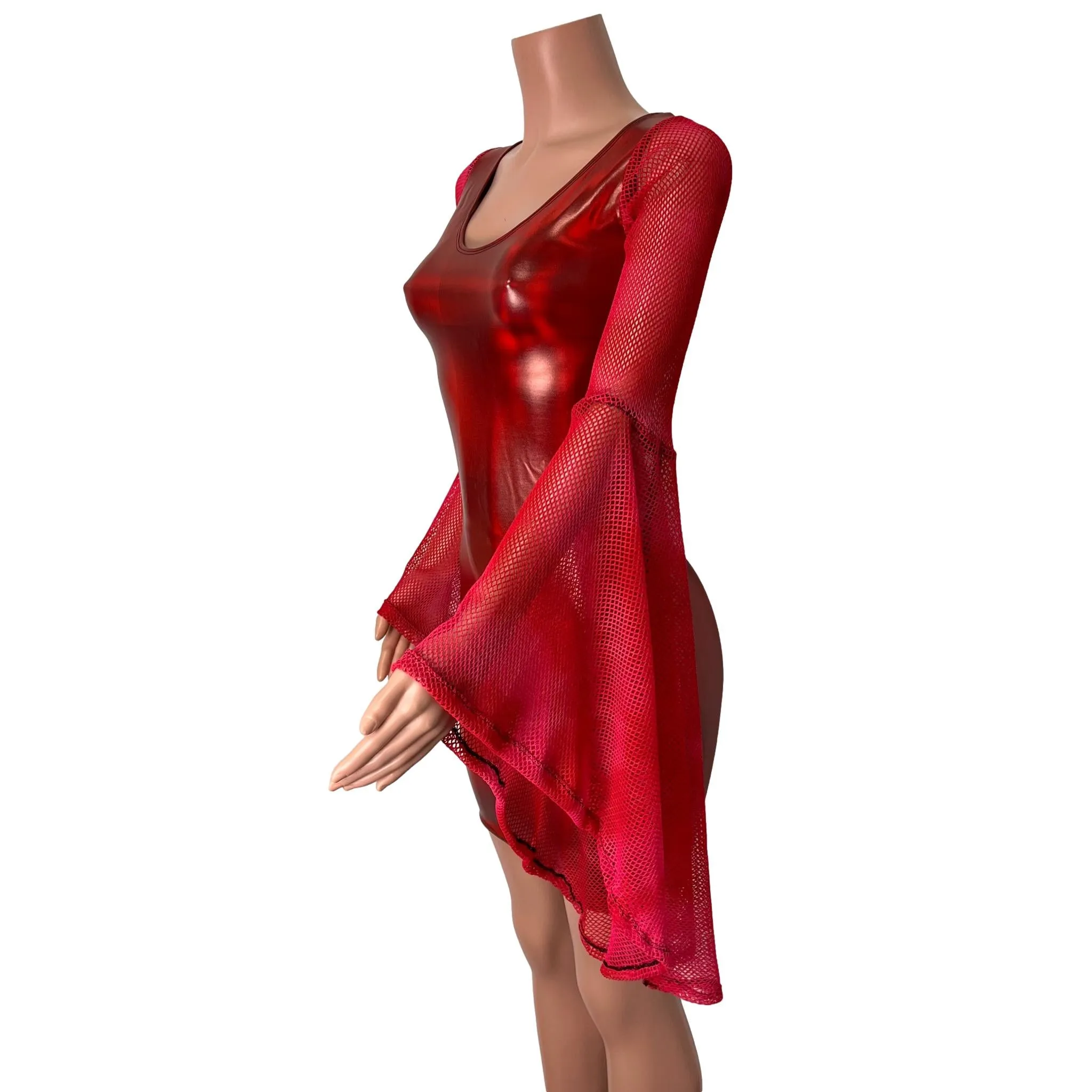 Bell Sleeve Bodycon Dress in Red Holo Spandex w/ Red Fishnet Sleeves