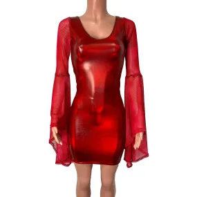 Bell Sleeve Bodycon Dress in Red Holo Spandex w/ Red Fishnet Sleeves