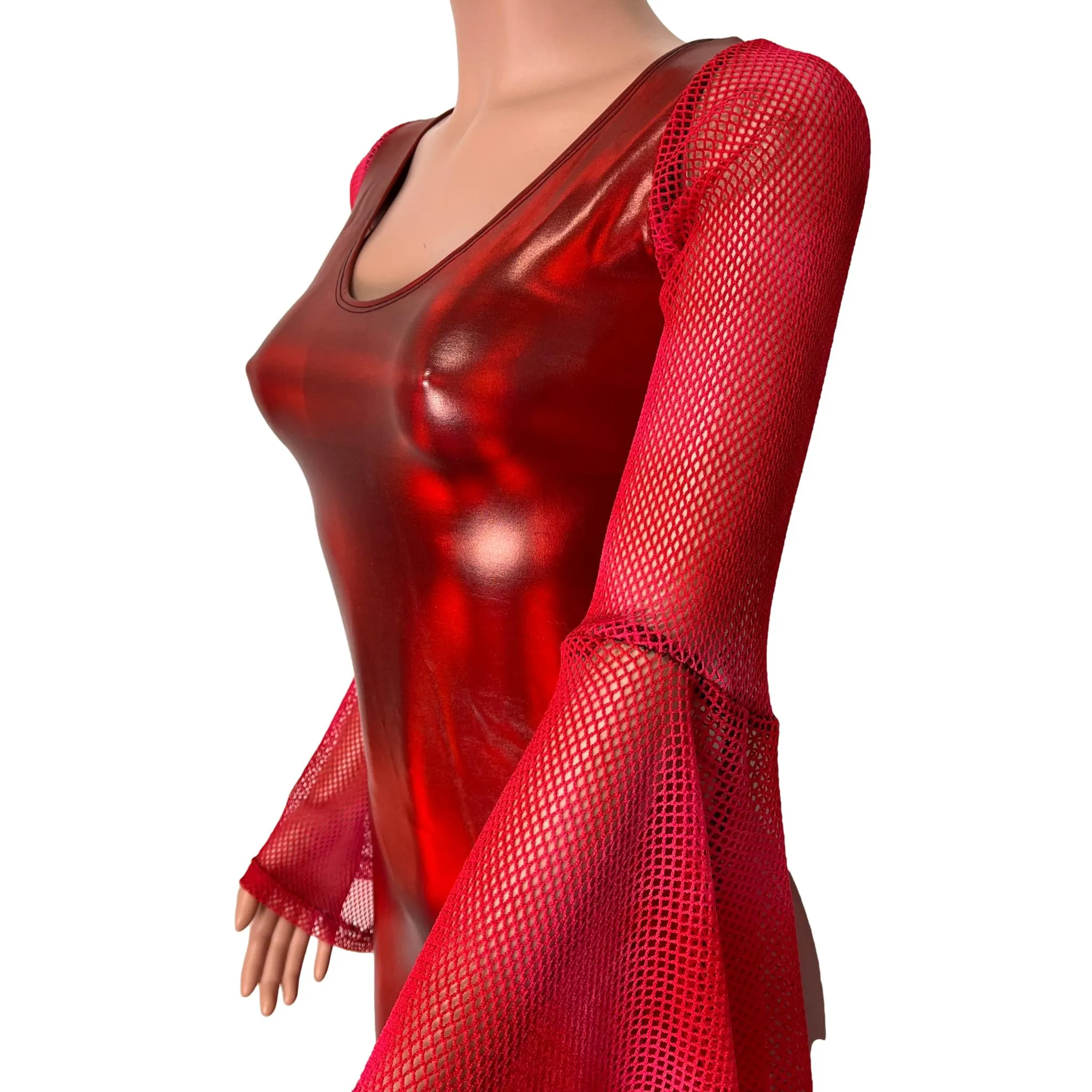 Bell Sleeve Bodycon Dress in Red Holo Spandex w/ Red Fishnet Sleeves