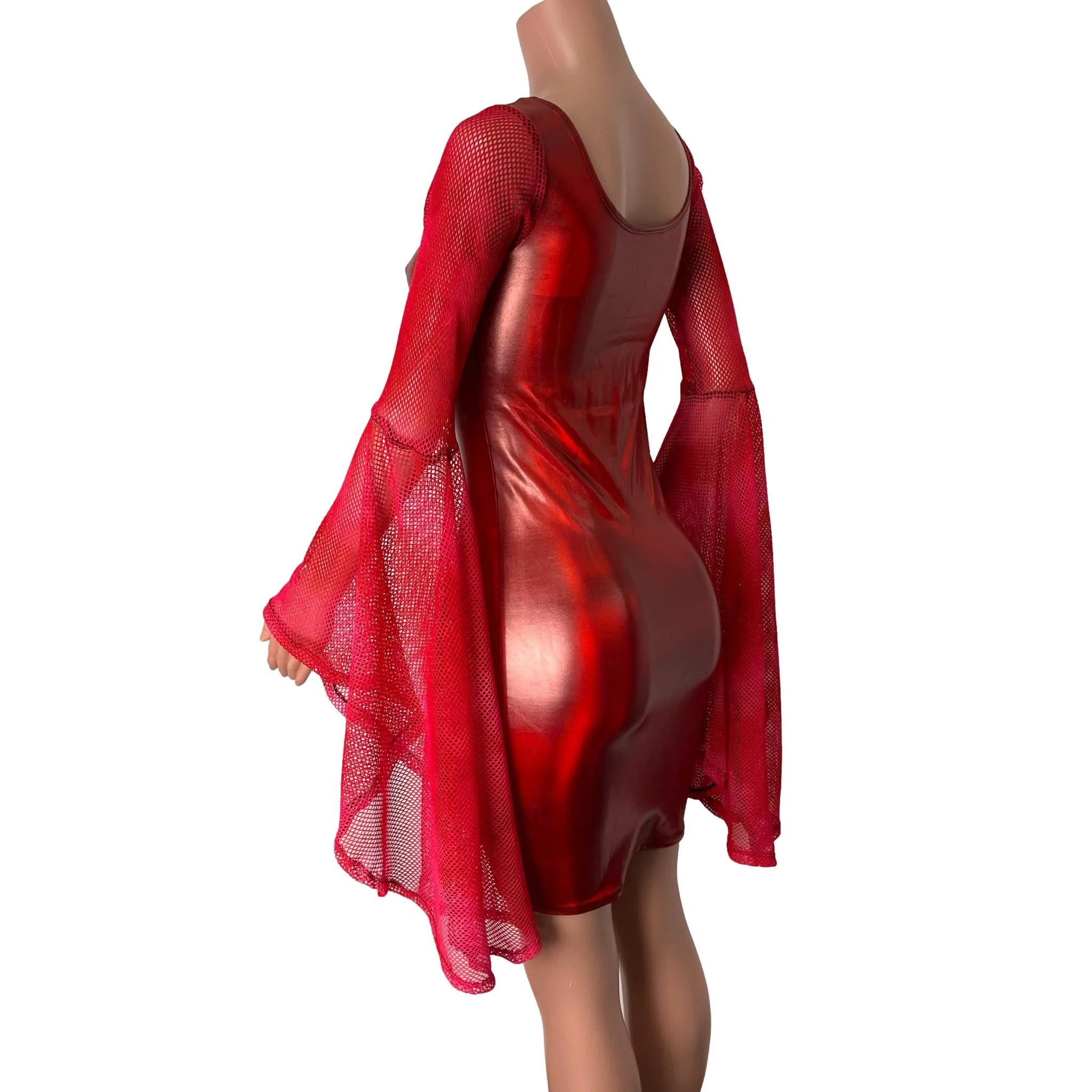 Bell Sleeve Bodycon Dress in Red Holo Spandex w/ Red Fishnet Sleeves