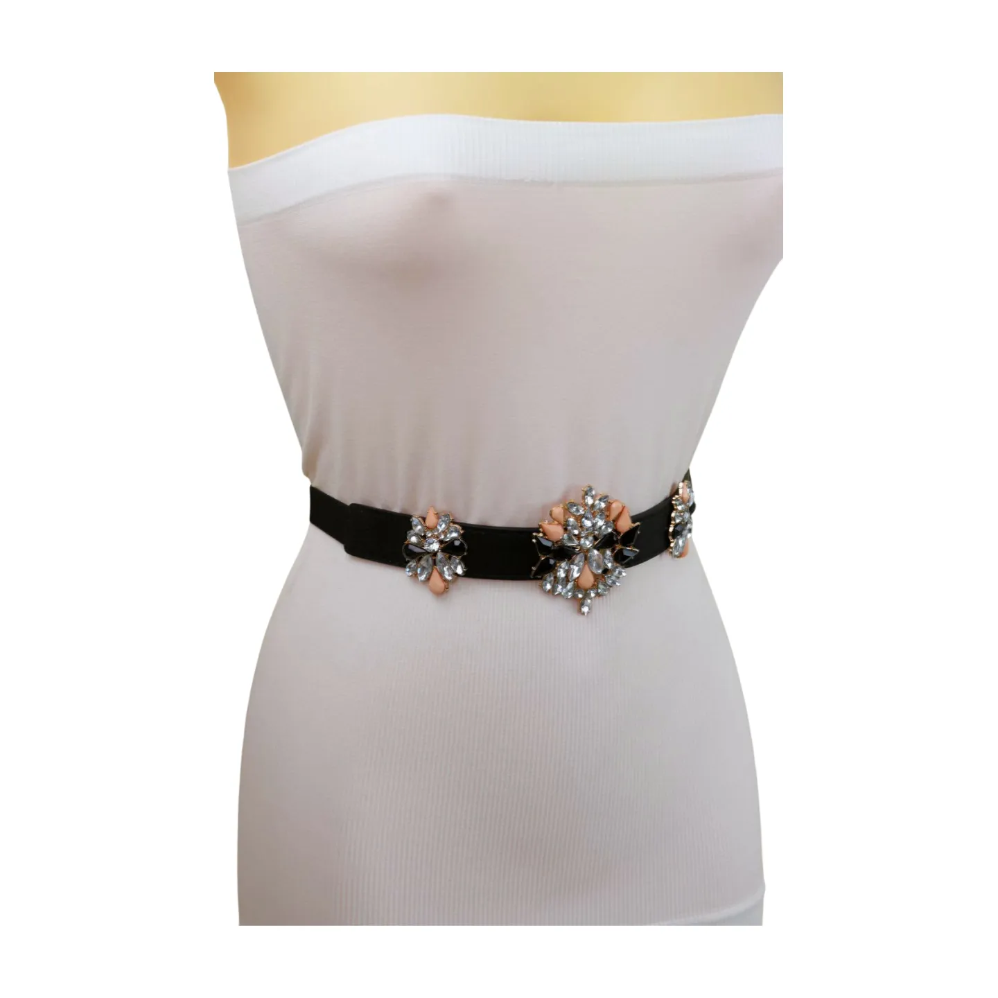 Black Elastic Skinny Belt Pink Bling Charms Fit Size S M