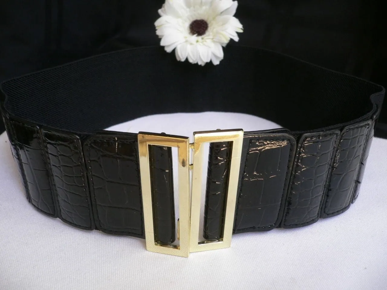 Black Faux Leather Stretch Back Hip High Waist Elastic Belt Gold Square Metal Buckle S M