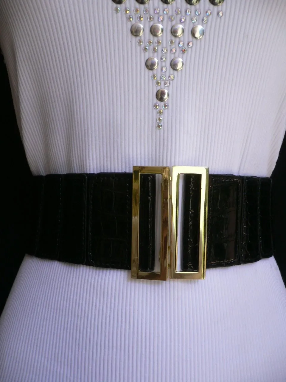 Black Faux Leather Stretch Back Hip High Waist Elastic Belt Gold Square Metal Buckle S M