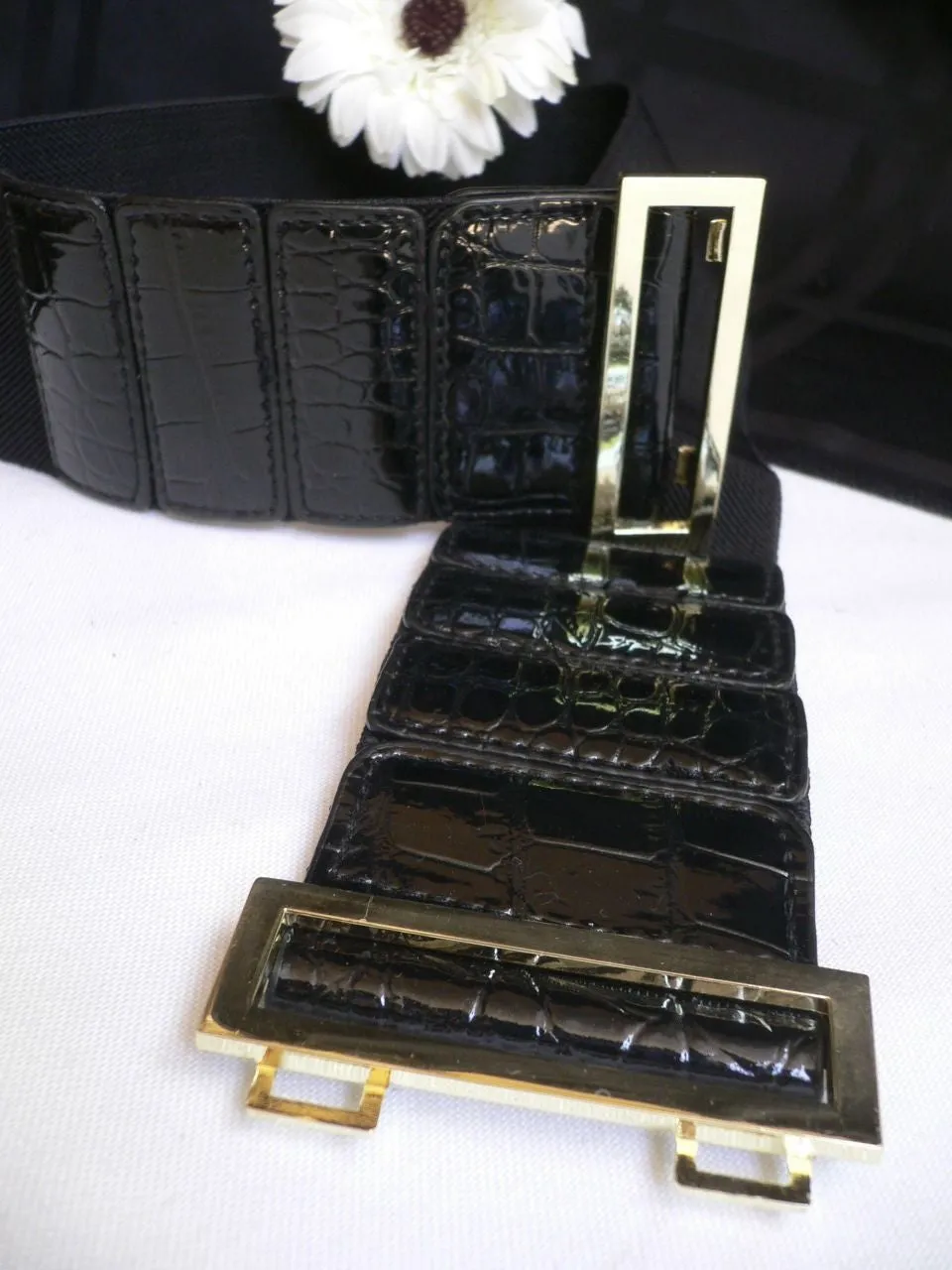 Black Faux Leather Stretch Back Hip High Waist Elastic Belt Gold Square Metal Buckle S M