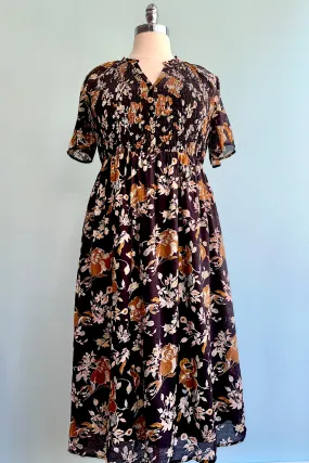 Black Floral Short Sleeve Midi Dress