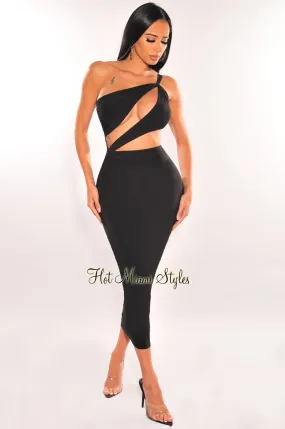 Black One Shoulder Cut Out Ruched Dress