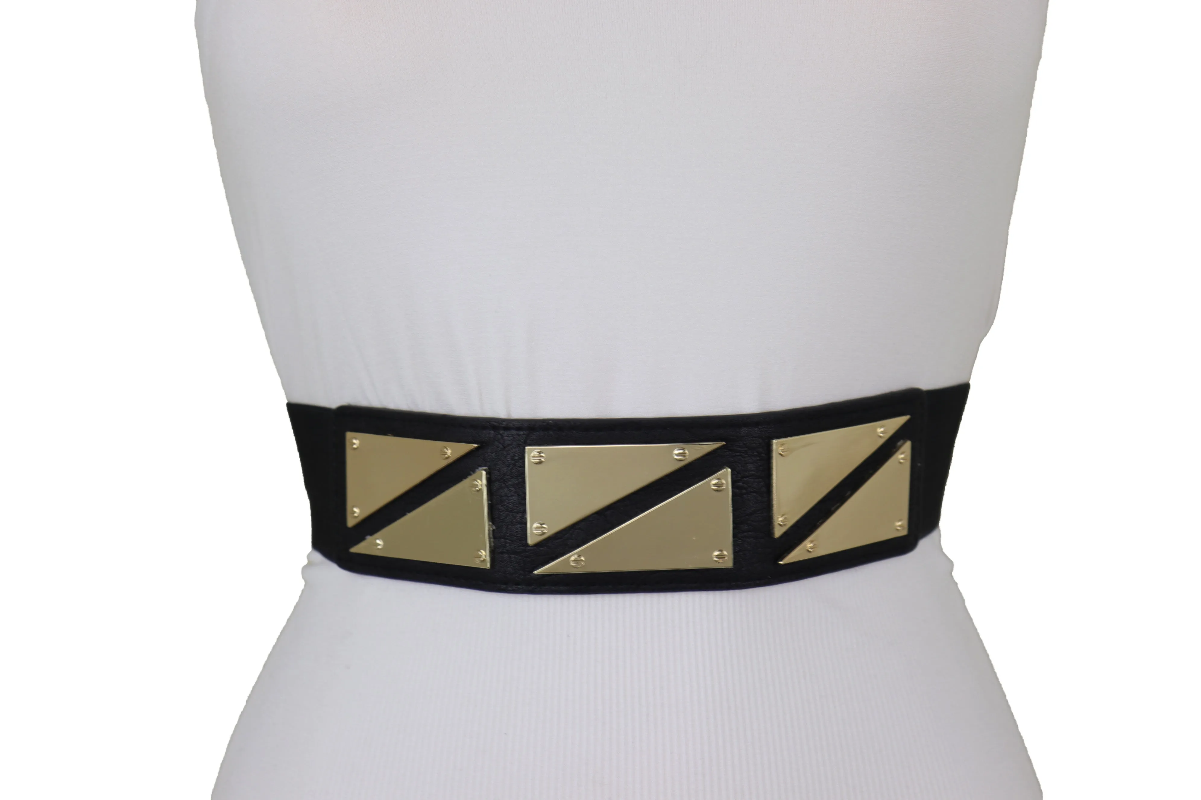 Black Stretch Waistband Fashion Belt Gold Triangle Buckle Size S M