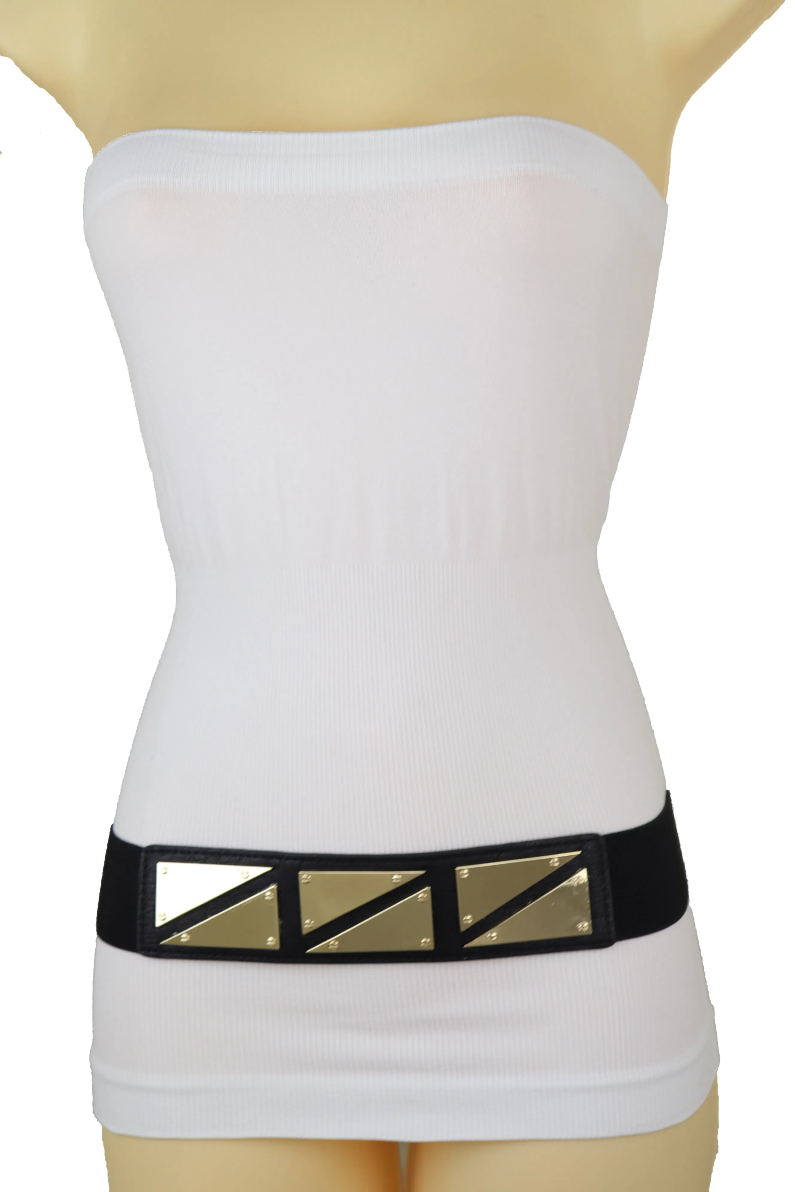 Black Stretch Waistband Fashion Belt Gold Triangle Buckle Size S M