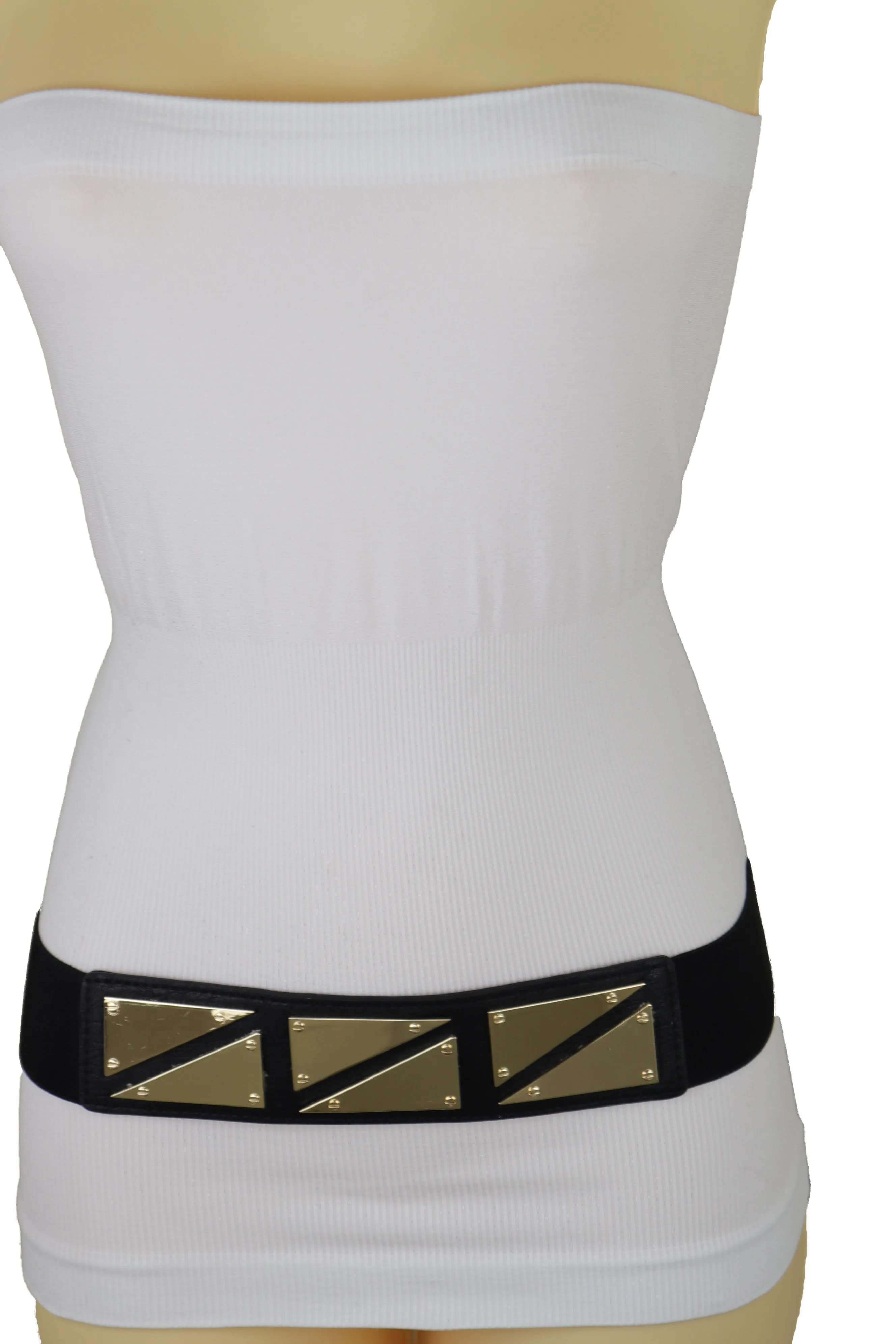 Black Stretch Waistband Fashion Belt Gold Triangle Buckle Size S M