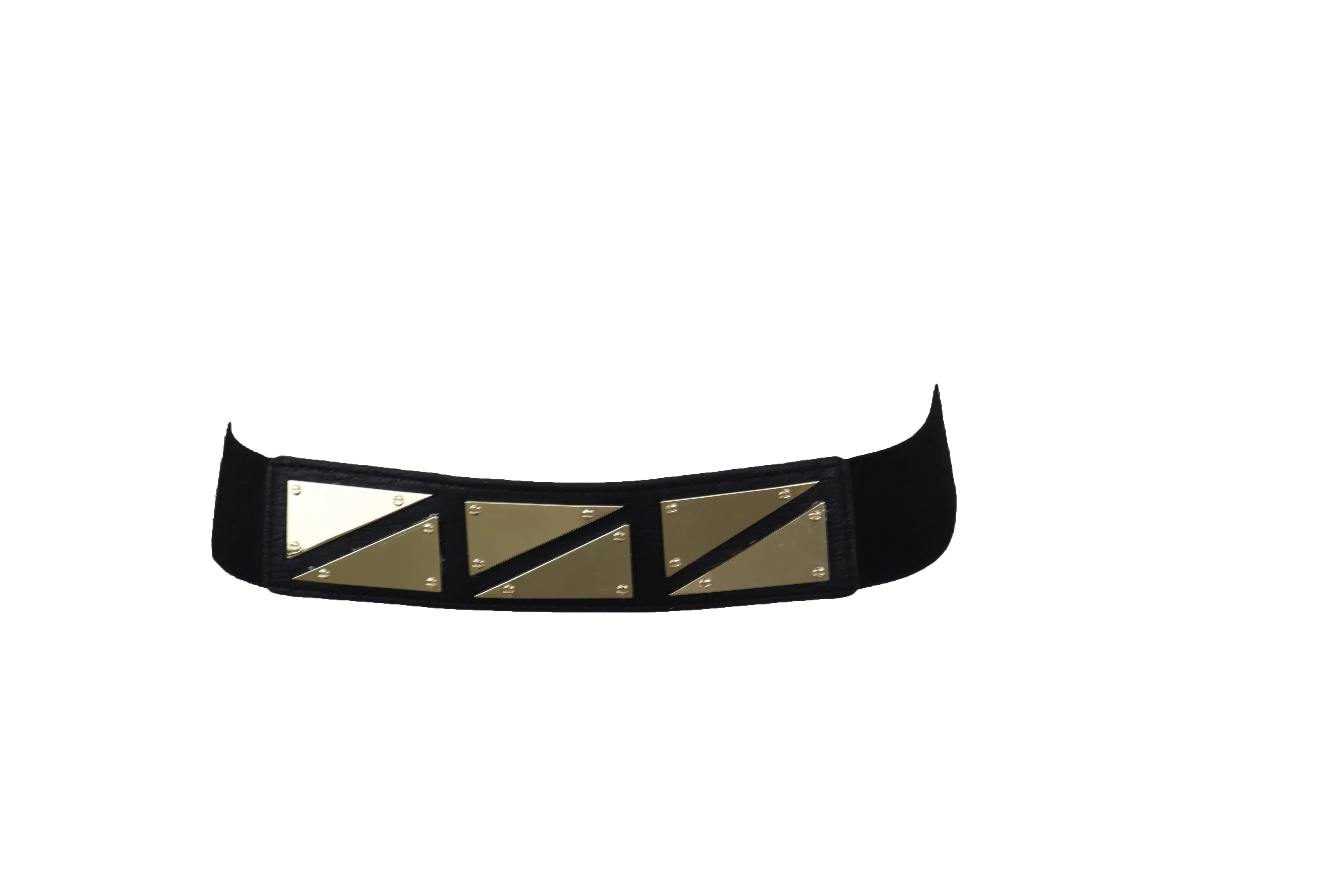 Black Stretch Waistband Fashion Belt Gold Triangle Buckle Size S M