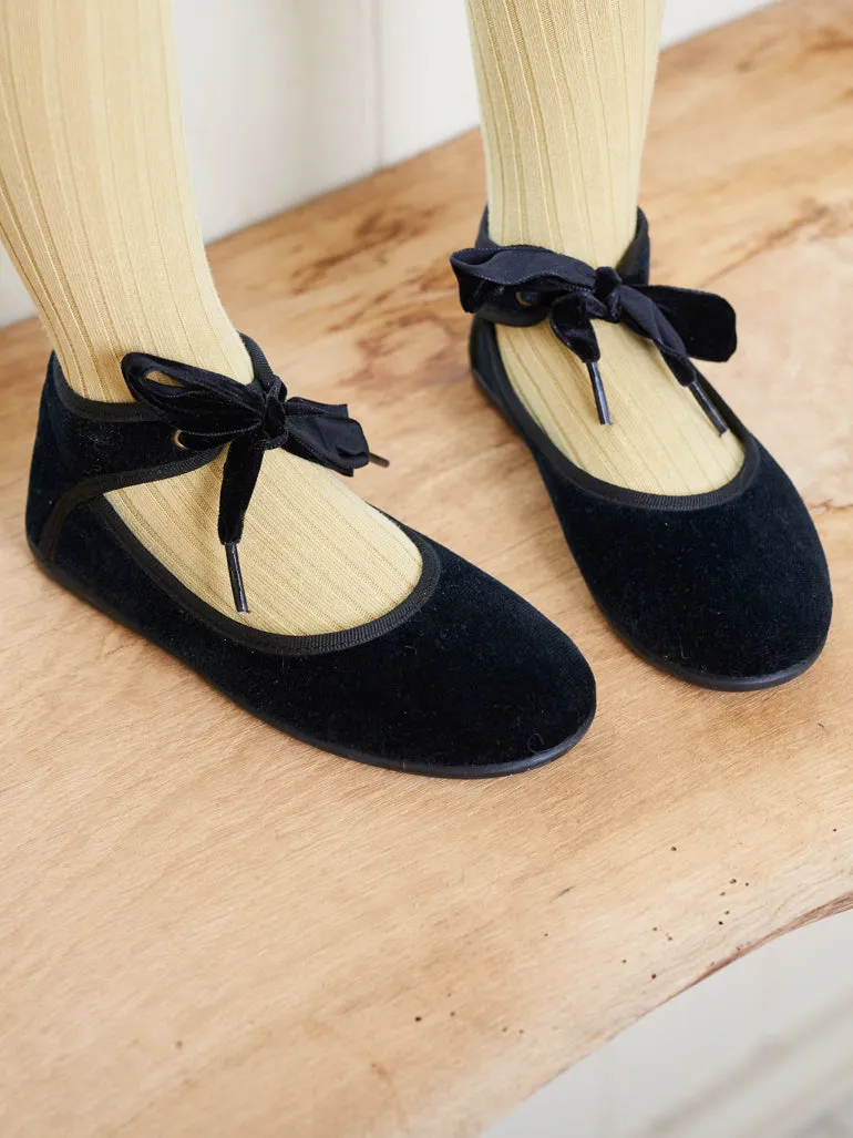 Black Velvet Girl Bow Ballerina Shoes