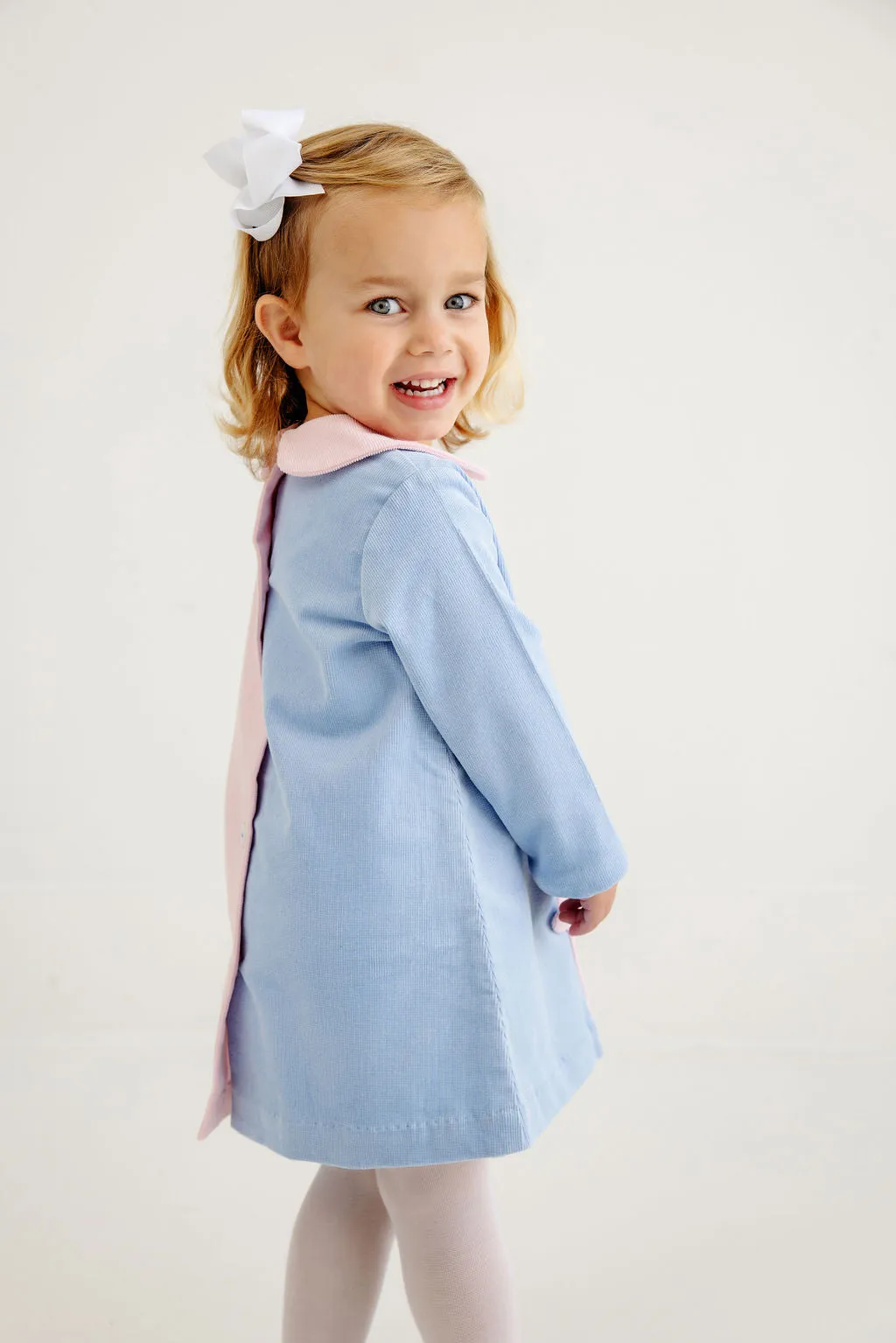 Blaire Button Dress (Corduroy) - Beale Street Blue & Palm Beach Pink