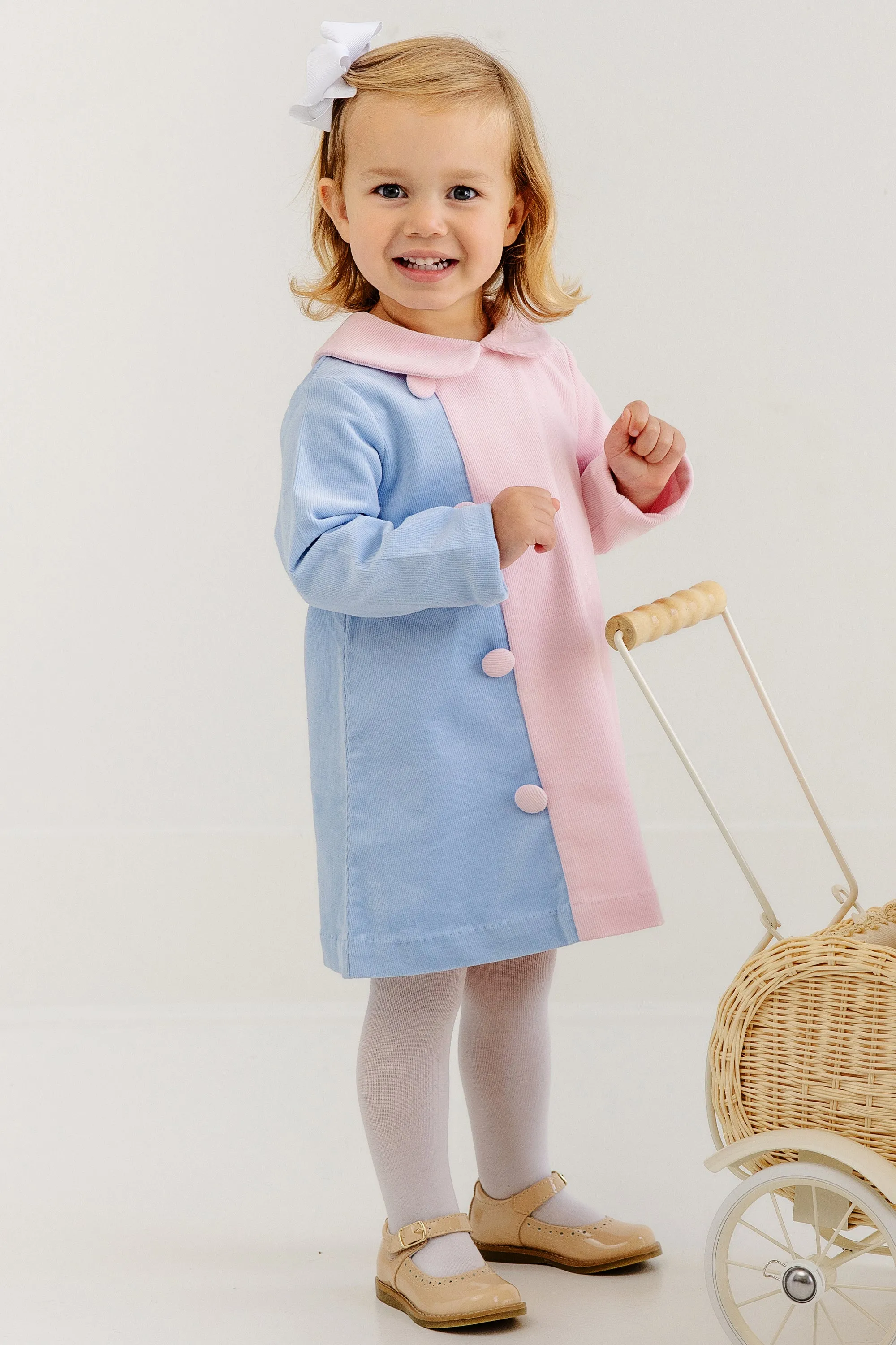 Blaire Button Dress (Corduroy) - Beale Street Blue & Palm Beach Pink