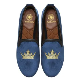 Blue Velvet Slip-Ons With Golden Crown Embroidery For Women