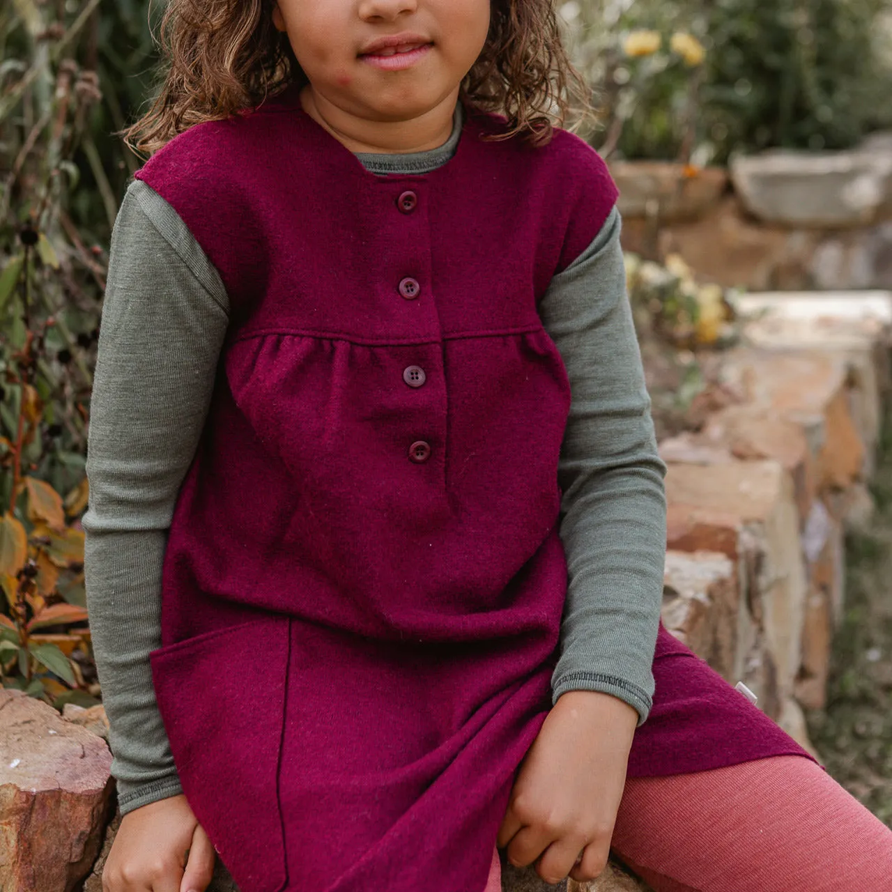 Boiled Wool Pocket Dress - Cassis (1-8y)