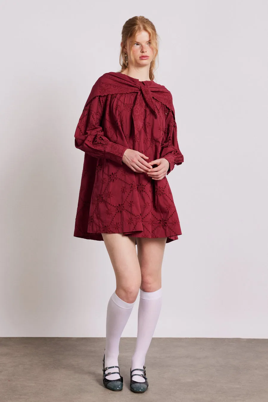 clementine embroidered collared mini dress - burgundy