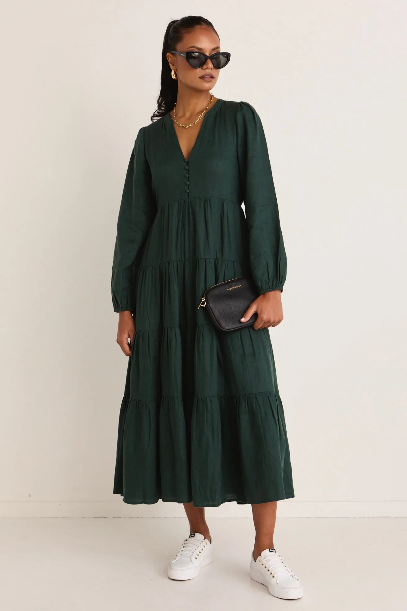 Compelling Dark Forest Linen LS Button Front Tiered Maxi Dress