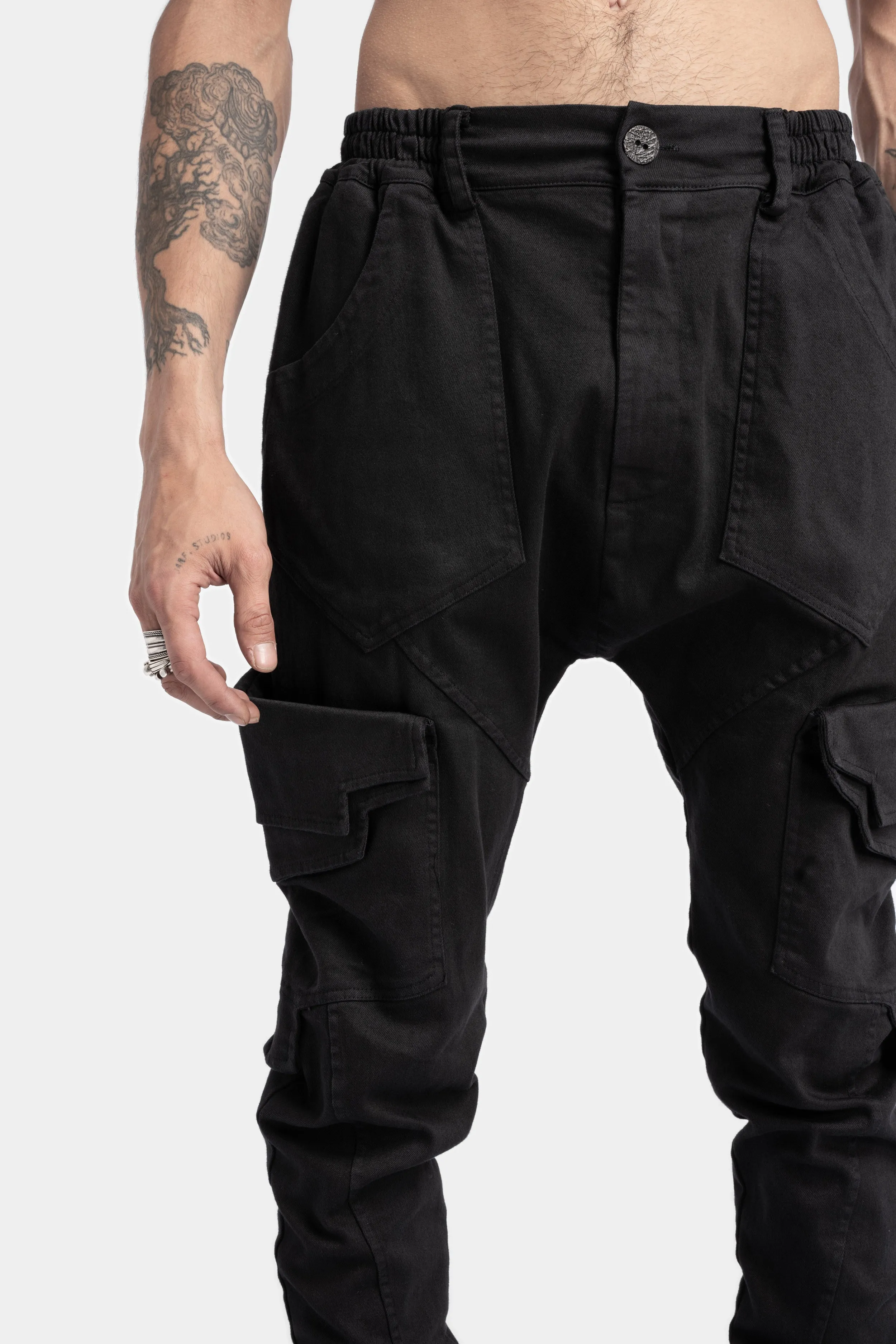 Cotton twill skinny cargo trousers, Black