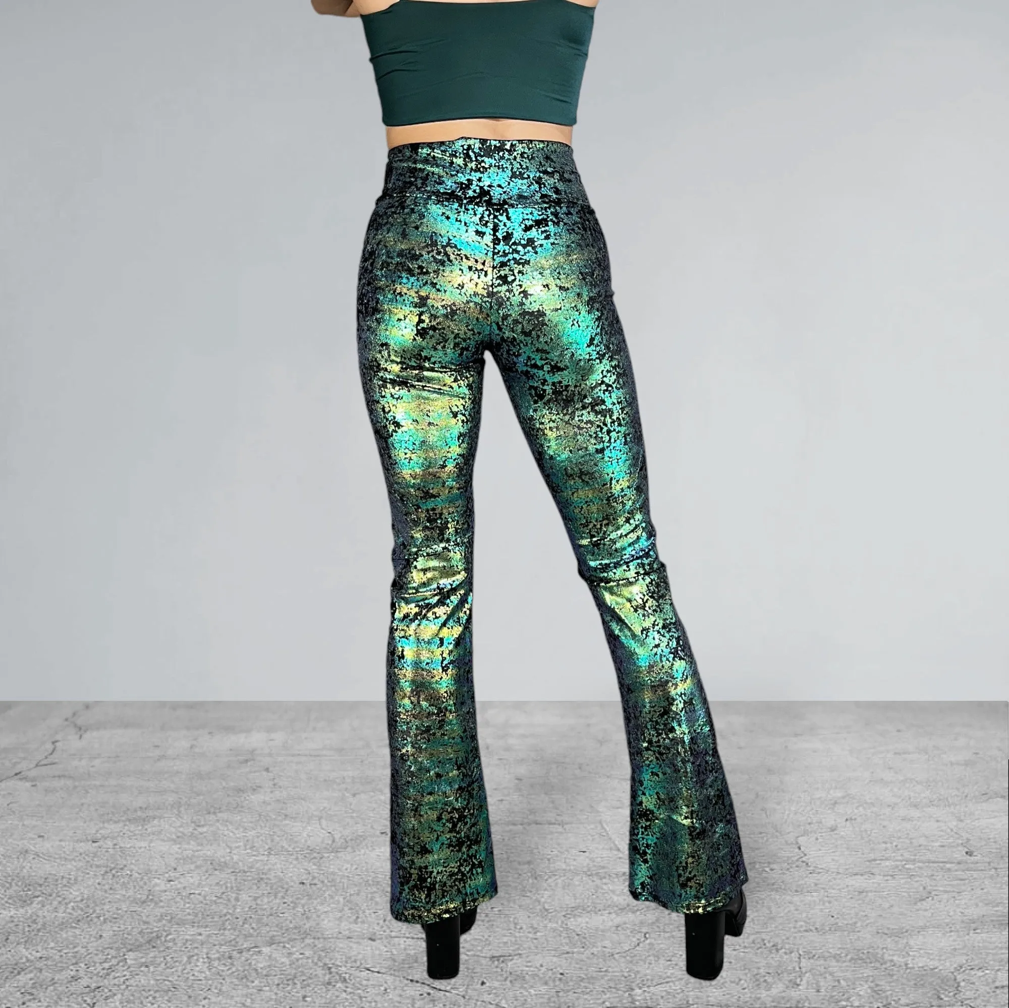 Crossover V-Waist Bootcut Flare Pants - Green on Black Gilded Velvet