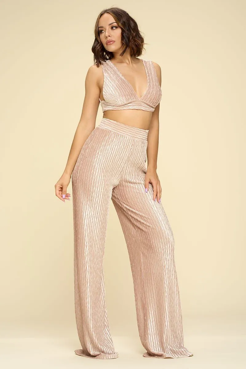 Crushed Velvet Plunging Neck Tank Top And High Waist Palazzo Pants Set