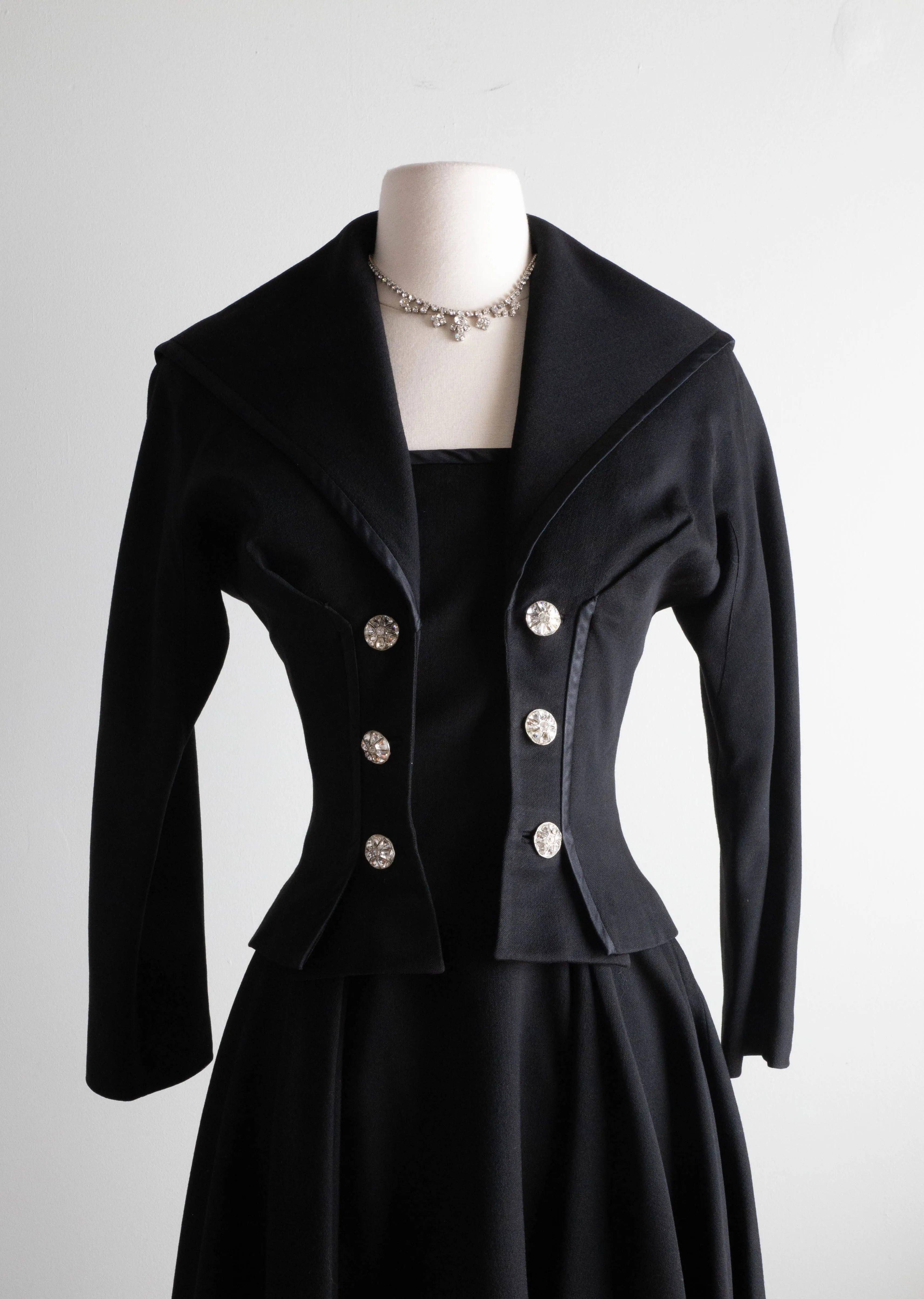 Darling 1940's Black Gabardine Cocktail Dress With Button Jacket / SM