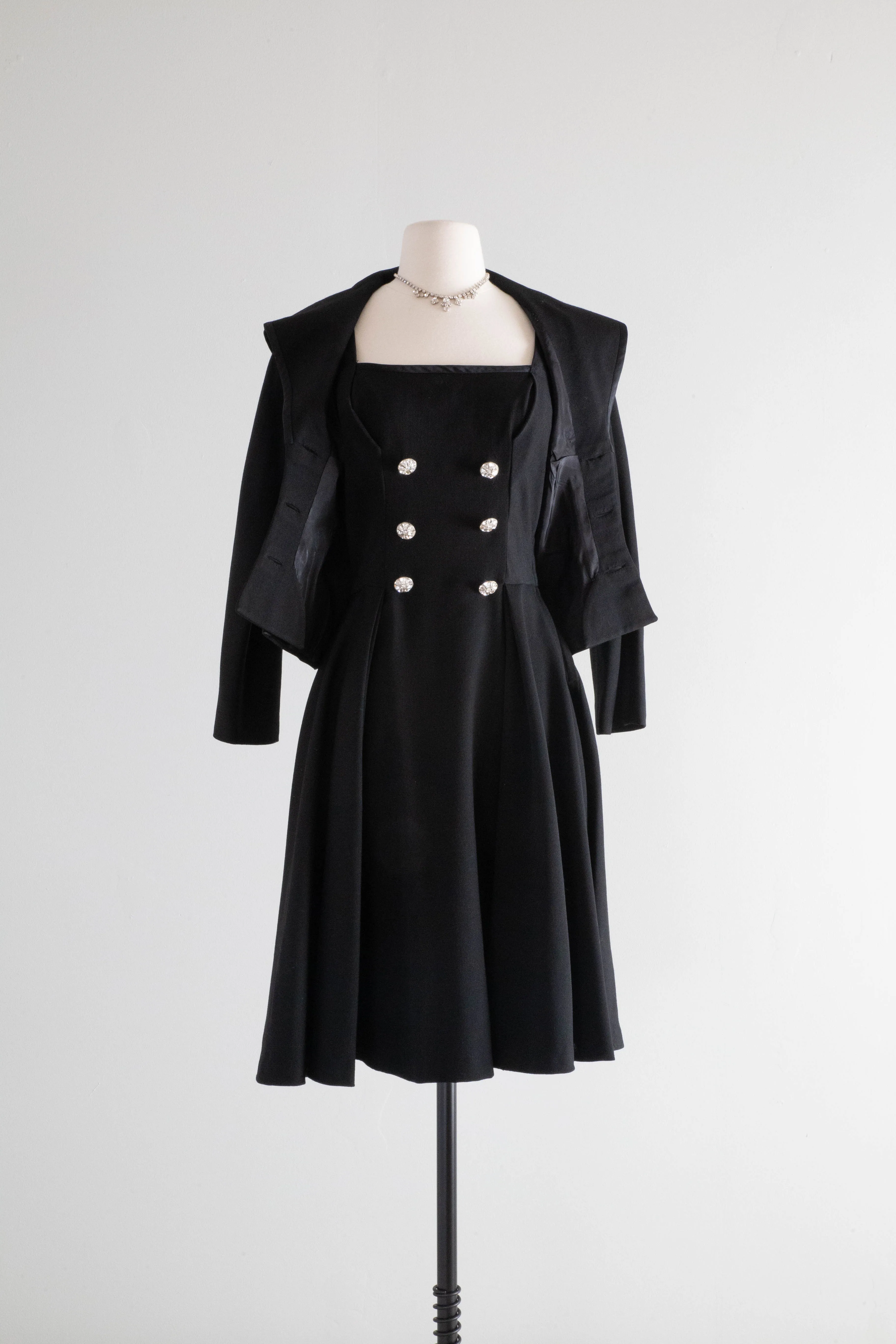 Darling 1940's Black Gabardine Cocktail Dress With Button Jacket / SM