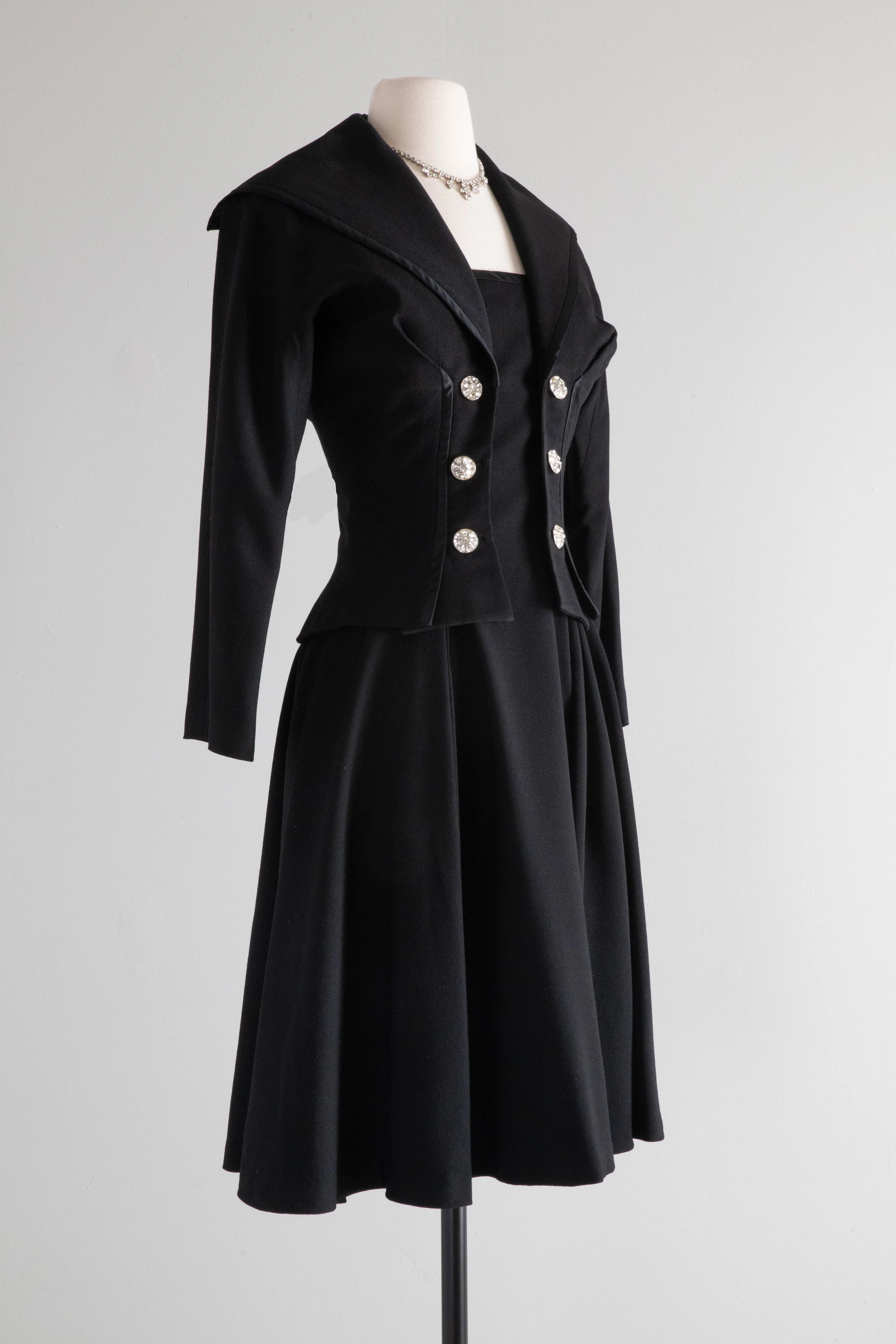 Darling 1940's Black Gabardine Cocktail Dress With Button Jacket / SM