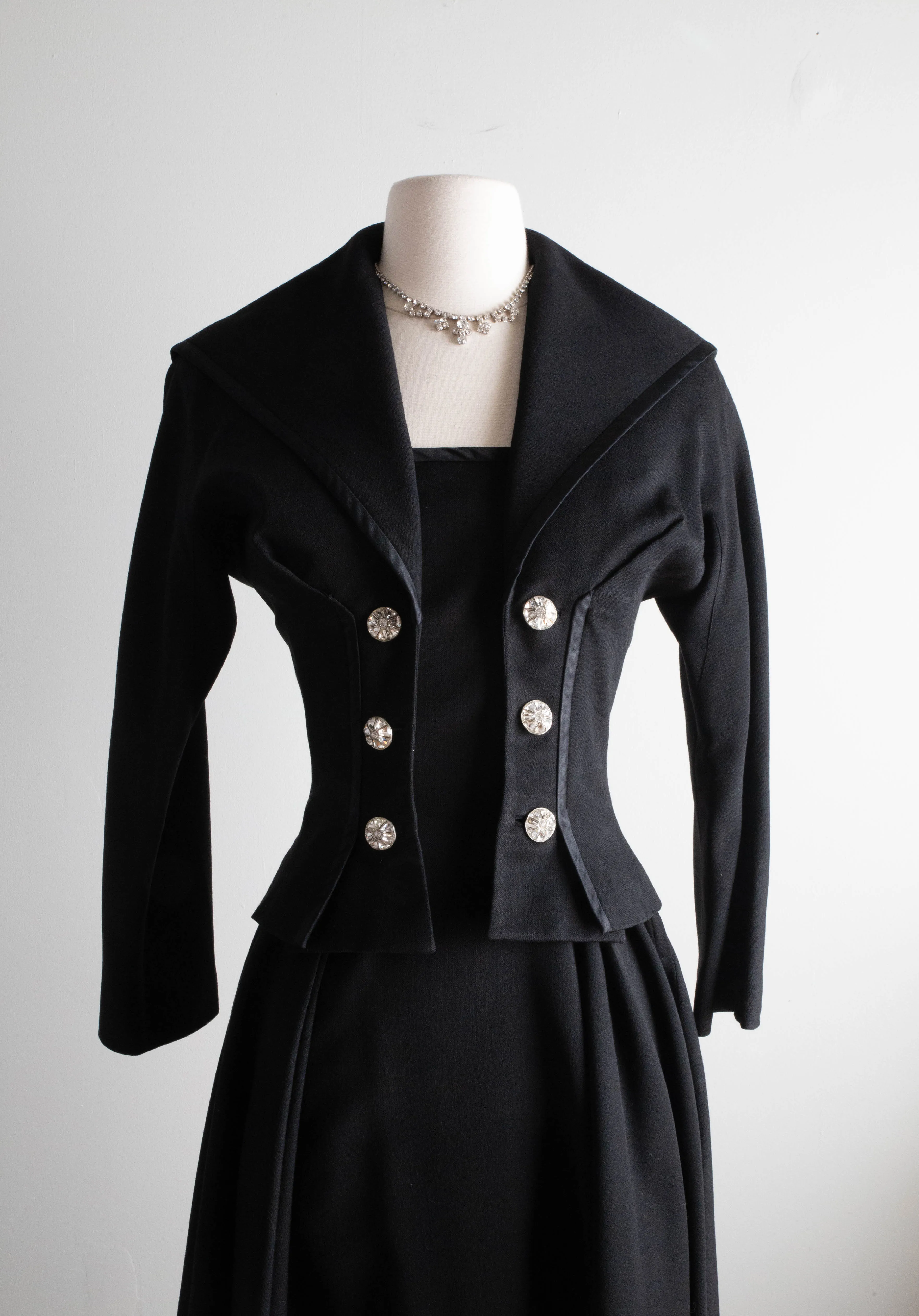 Darling 1940's Black Gabardine Cocktail Dress With Button Jacket / SM