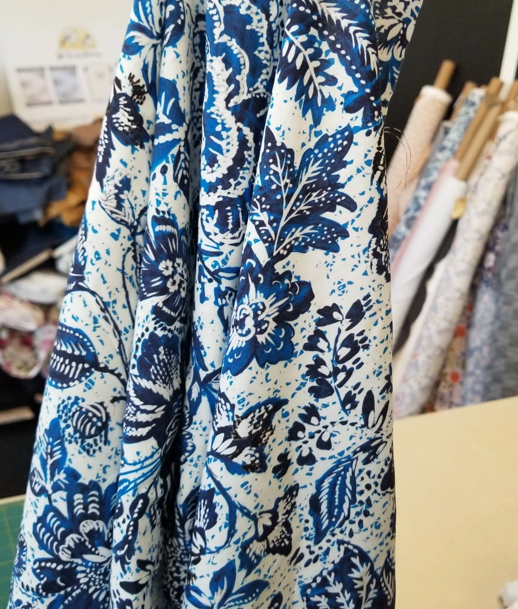 Designer Deadstock Italian Bohemian Floral Blue and Ivory  Viscose Challis Woven- by the yard